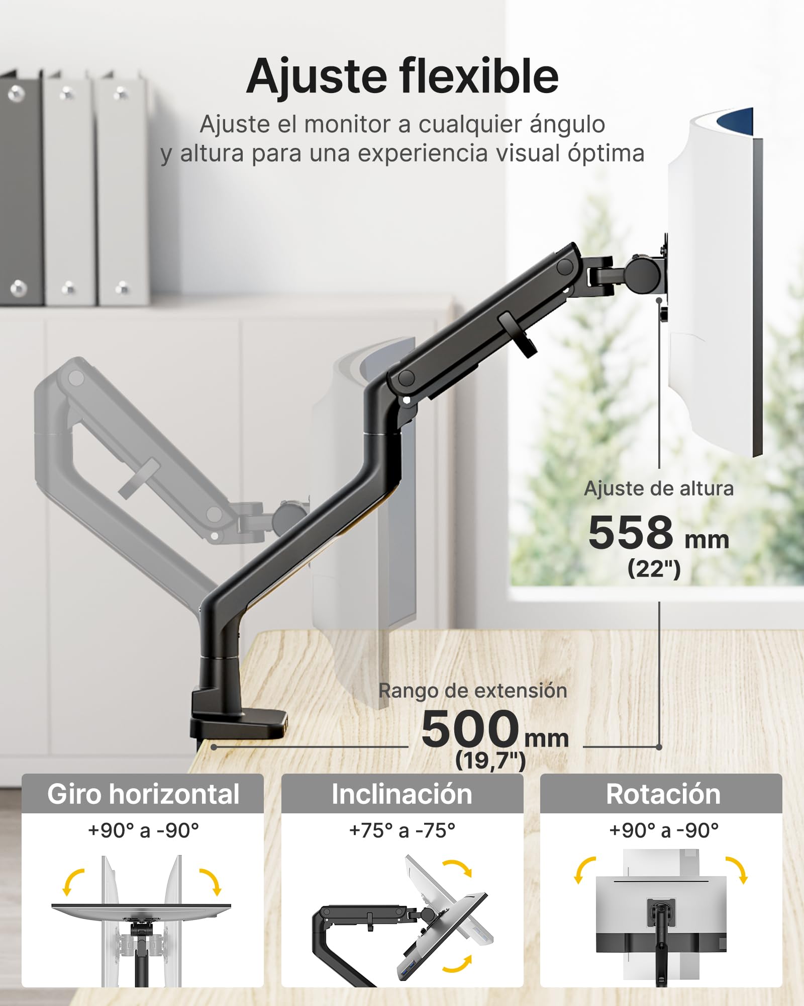 monTEK Soporte Monitor Reforzado para 17-57", hasta 27 kg | Brazo con resorte de gas, altura ajustable y movimiento completo para monitores ultrapanorámicos, VESA 75x75/100x100, negro.
