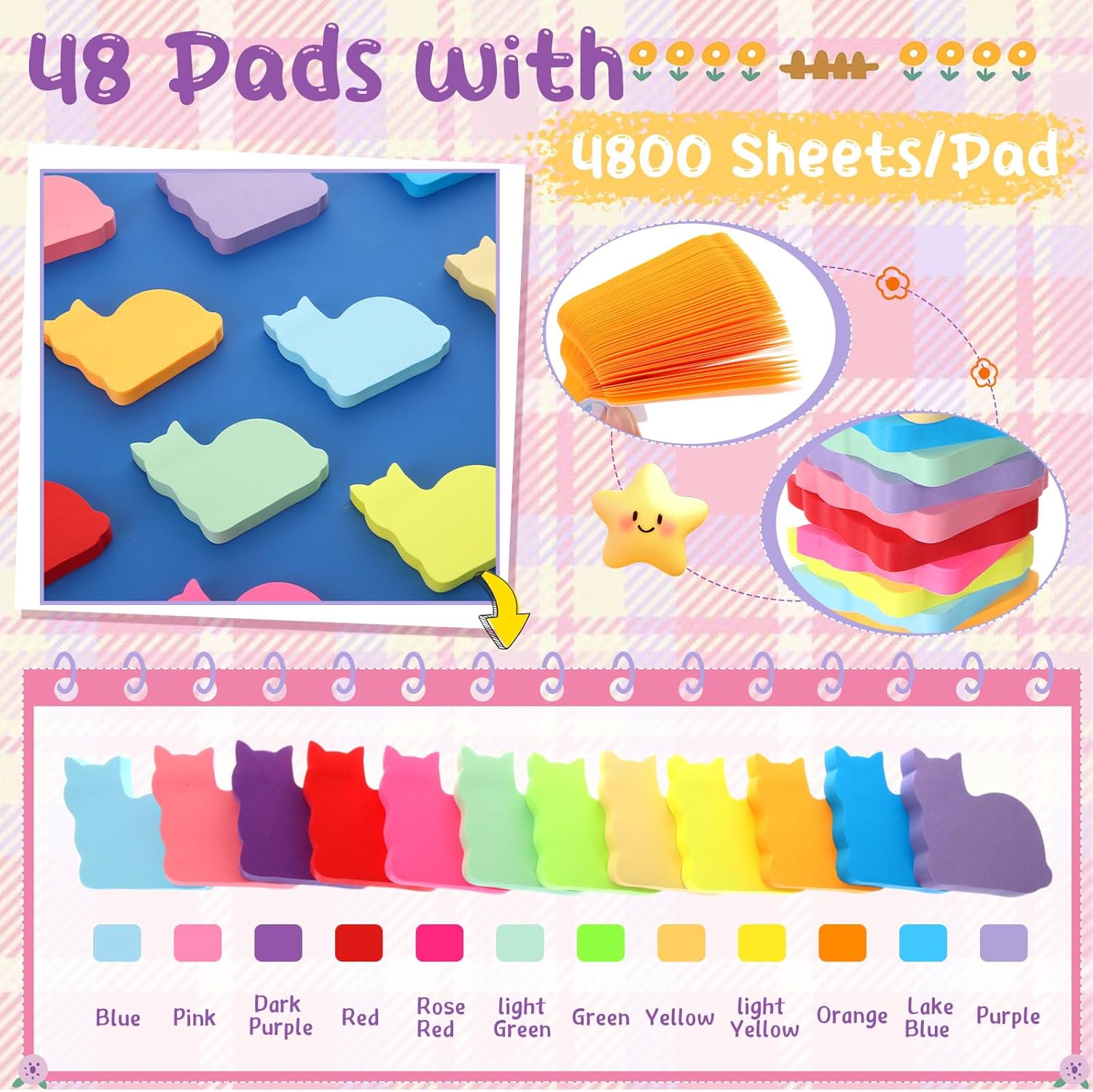 Leinuosen 4800 Sheets 3 Inch Cat Sticky Notes Bulk Colorful Cat Shaped Self-Stick Note Pads Bright Cute Sticky Pads 12 Colors Desk Accessories for Office School Home Work Supplies Student Memo Gift