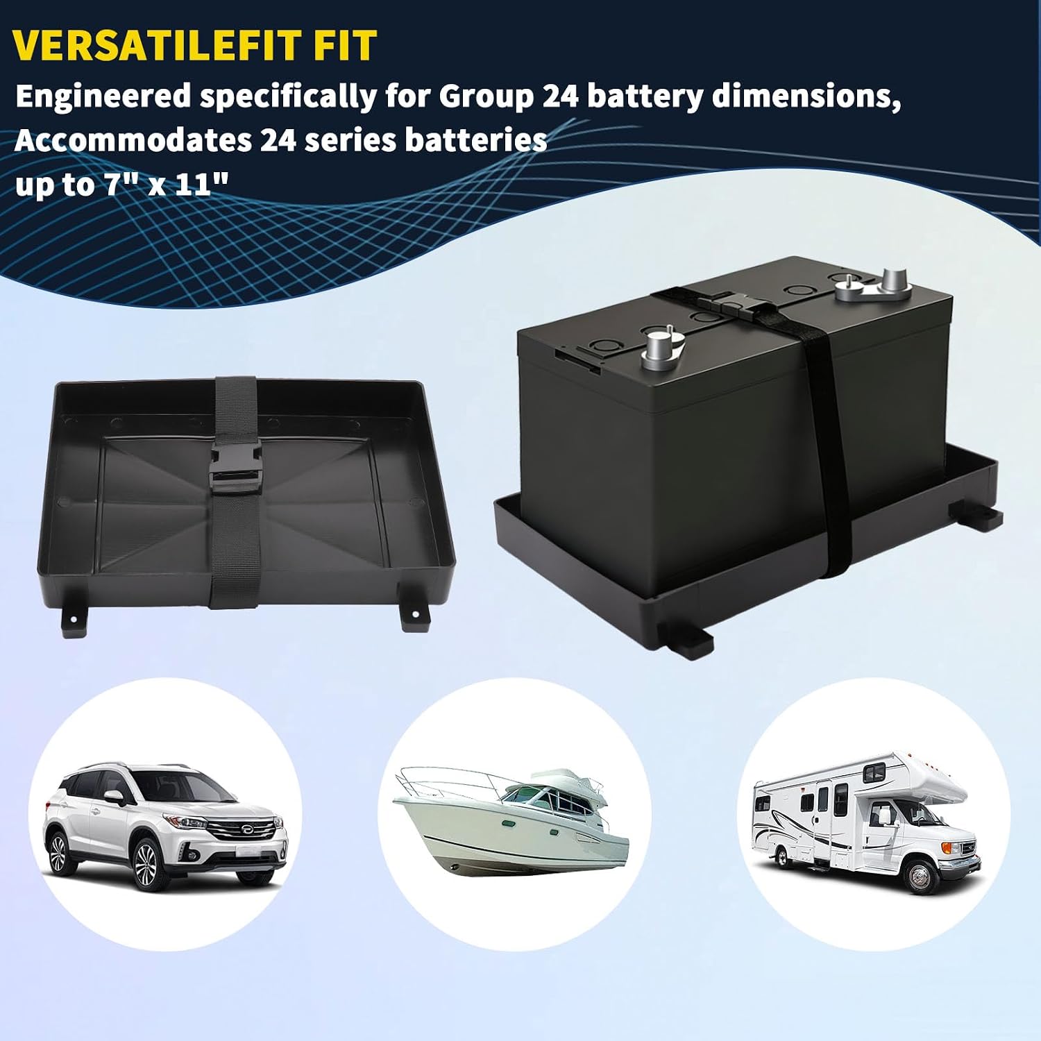Group 24 Battery Tray with Strap - Secure Fit for Marine, RV, Camper, Trailer Batteries - 24 Series