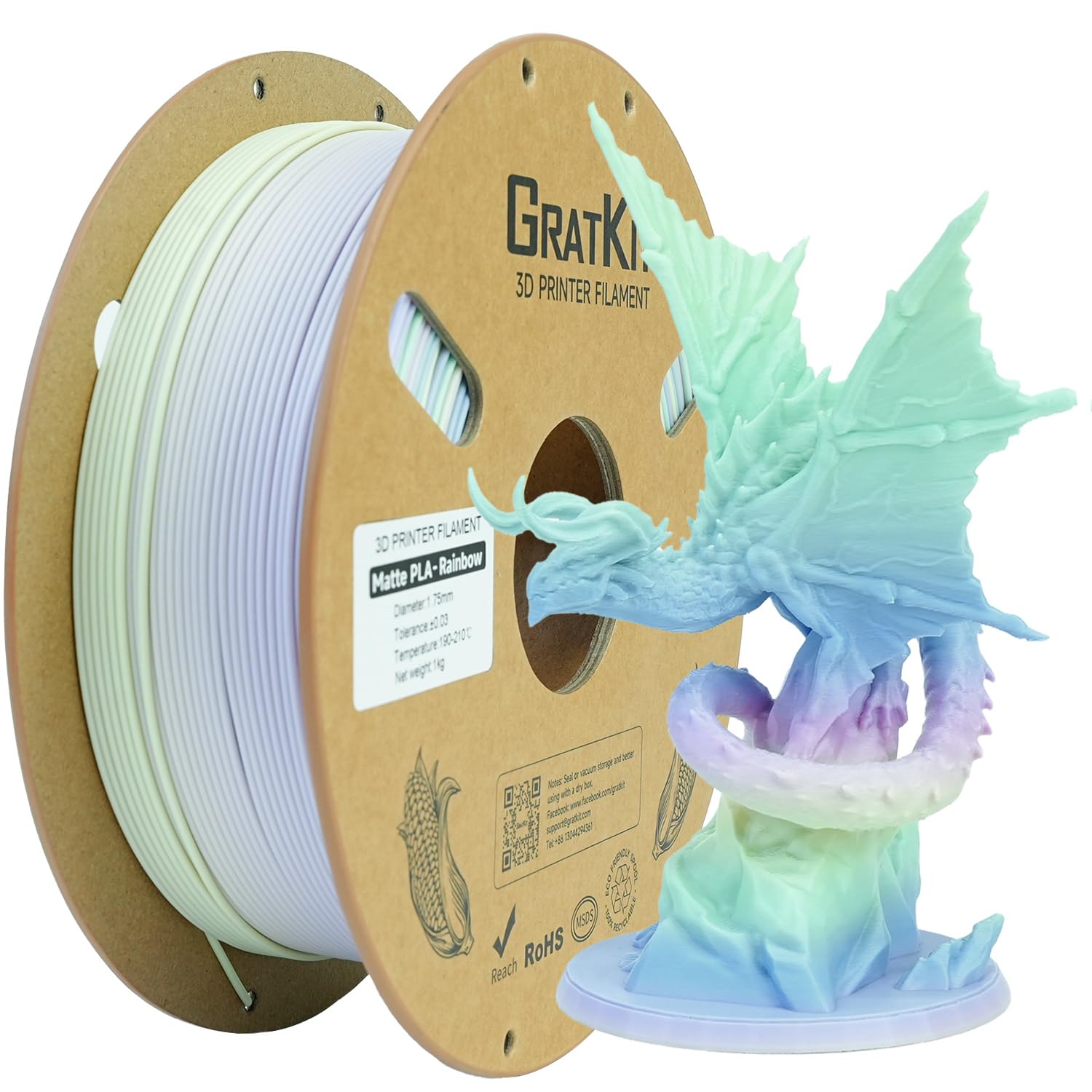 Gratkit Matte Rainbow PLA Filament 1.75mm, Color Change 3D Printer Filament, +/-0.03mm, Multicolor Gradient 3D Printing Filament High Speed Matte