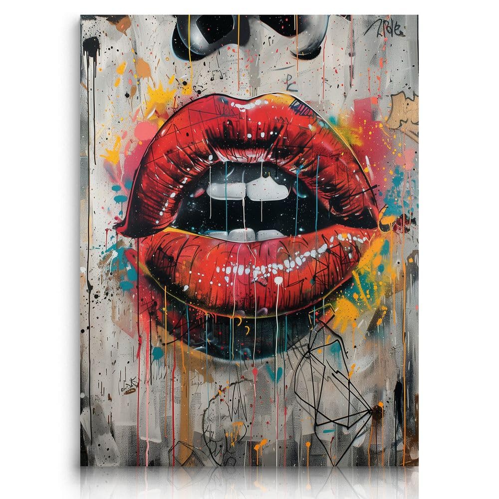 Fchen art Poster su tela, motivo: labbra rosse, stile hip hop, poster artistico da parete su tela, stampa moderna per camera da letto, pronto da appendere, 50 x 70 cm