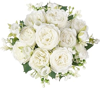 Mkono Peonies Artificial Flowers, Small Silk Flowers for Home Decor Indoor Fake Bouquet Faux Floral Arrangements Dining Table Centerpieces for Kitchen Bridal Wedding Party Decor White