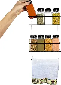 Porta Temperos com Suporte Ferro de Parede e Porta Pano de Prato Minimalista com 8 Potes 220ml Tampa Dupla Cozinha