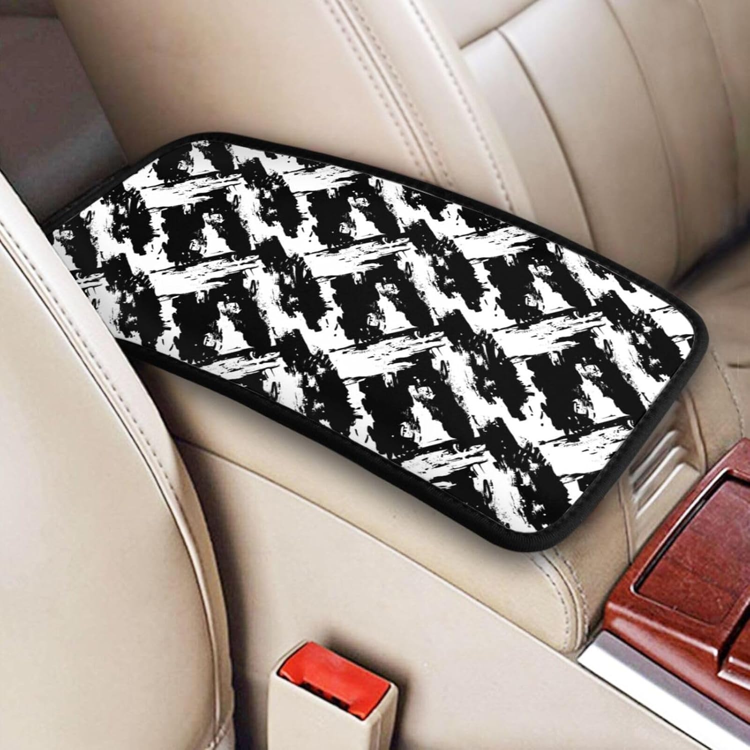Abstract Black Brushstrokes Print Car Center Console Cover Universal Neoprene Car Armrest Storage Box Decoration Protector Pad for Car Truck SUV, Interior Accessories