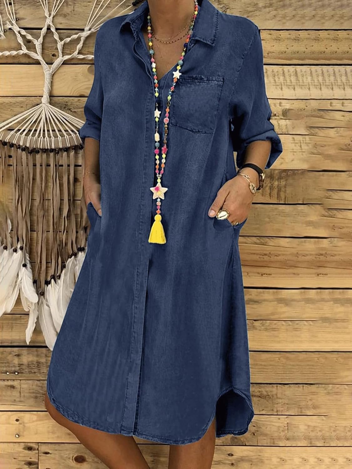 CHARTOU Women Long Sleeve Denim Button Up Shirt Dress Midi Jean Dress - Image 2