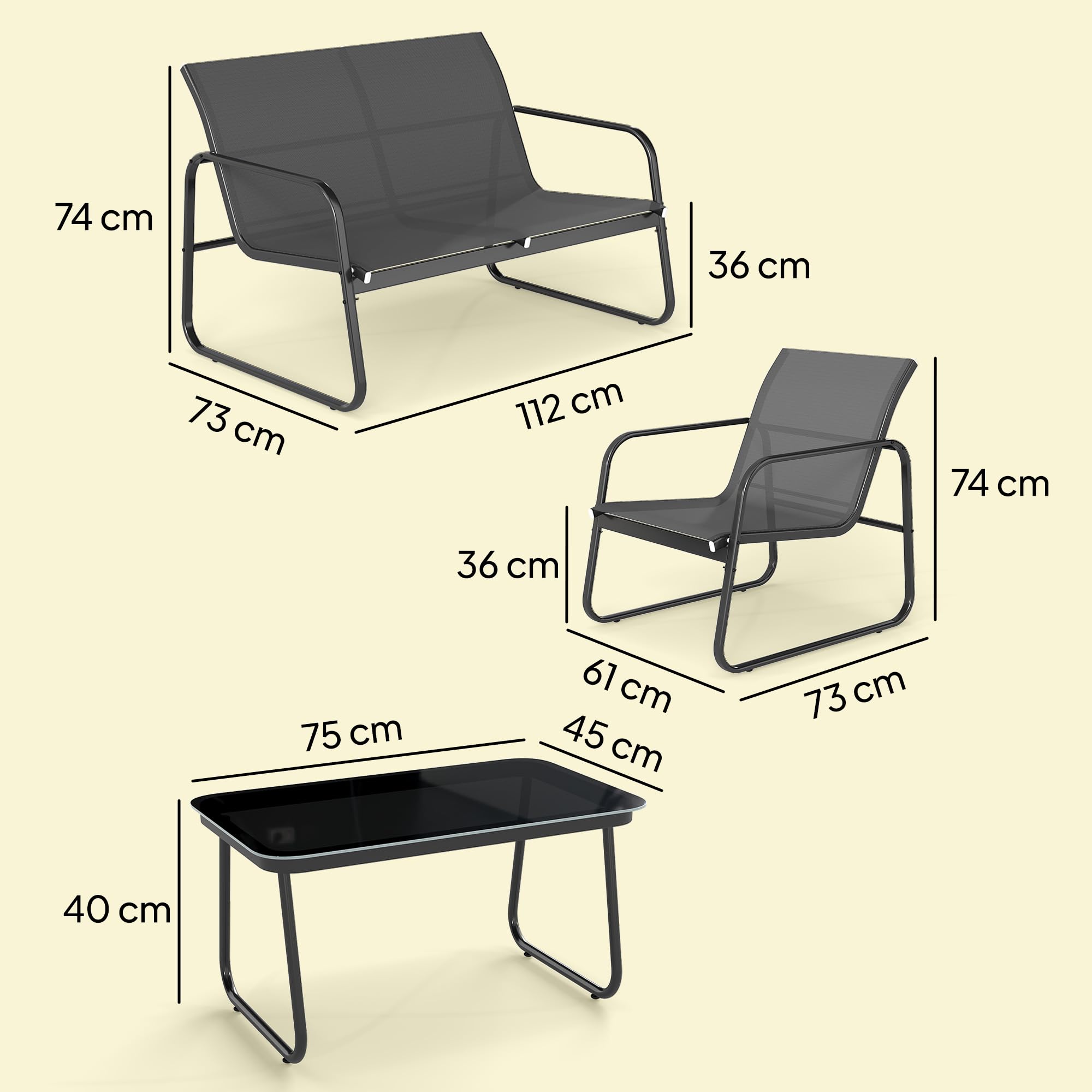 Outsunny Conjunto Jardín Exterior de 4 Piezas, Muebles Jardín Exterior con Sofá de 2 Plazas, 2 Sillones, Mesa de Vidrio Templado, Tela de Textilene Transpirable, Estructura de Acero, Gris Oscuro — view 7