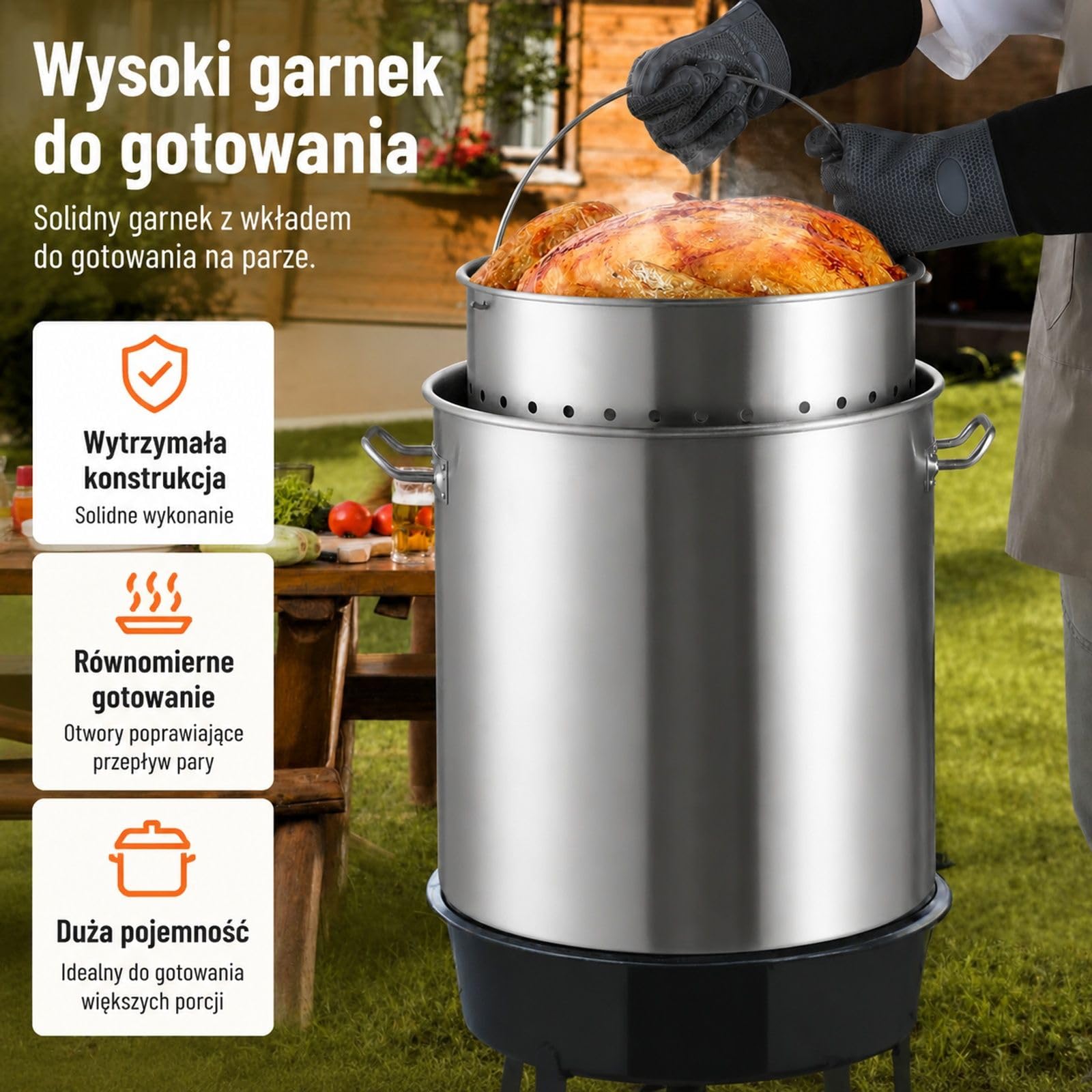 Garnek do sosu 79,5 l ze stali nierdzewnej z pokrywą i koszem, do kuchni oraz restauracji