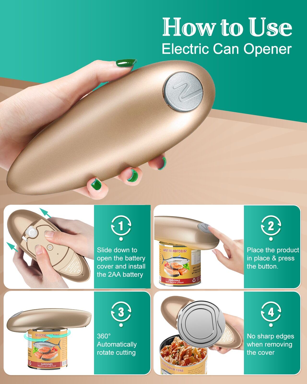 One Touch Electric Can Opener with Smooth Edge, Food-Safe & Battery Operated Automatic Can Opener Hands Free for Seniors with Arthritis, Can Opener Electric for Kitchen