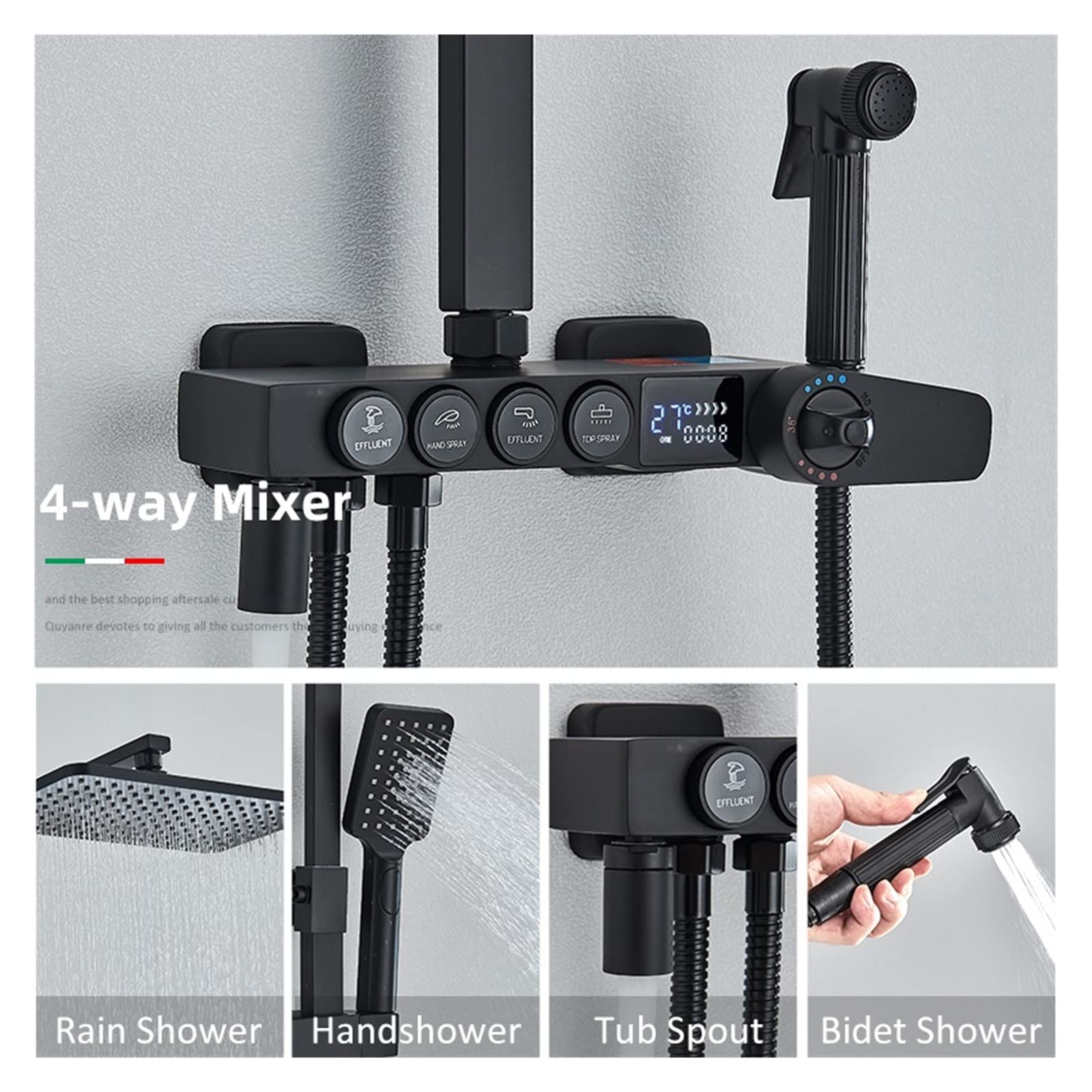 Czarny termostatyczny cyfrowy wyświetlacz bateria prysznicowa energia wodna LCD deszczownica System prysznicowy do wanny bateria do bidetu wanna prysznic kran(Chrome 4-way HWSX)