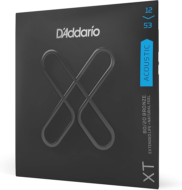 D'Addario Guitar Strings - XT 80/20 Bronze Coated Acoustic Guitar Strings - XTABR1253 - Extended String Life with Natural Tone, Feel - For 6 String Guitars - 12-53 Light