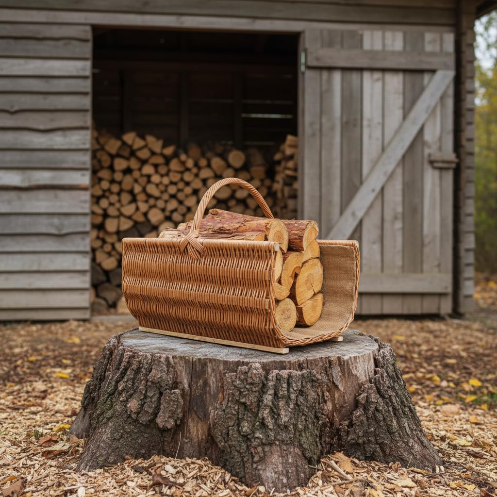 BOGATECO Cesta de mimbre con asa, cesta grande para chimenea, 60 x 45 x 30 cm, tejida a mano, cesta de madera con refuerzo