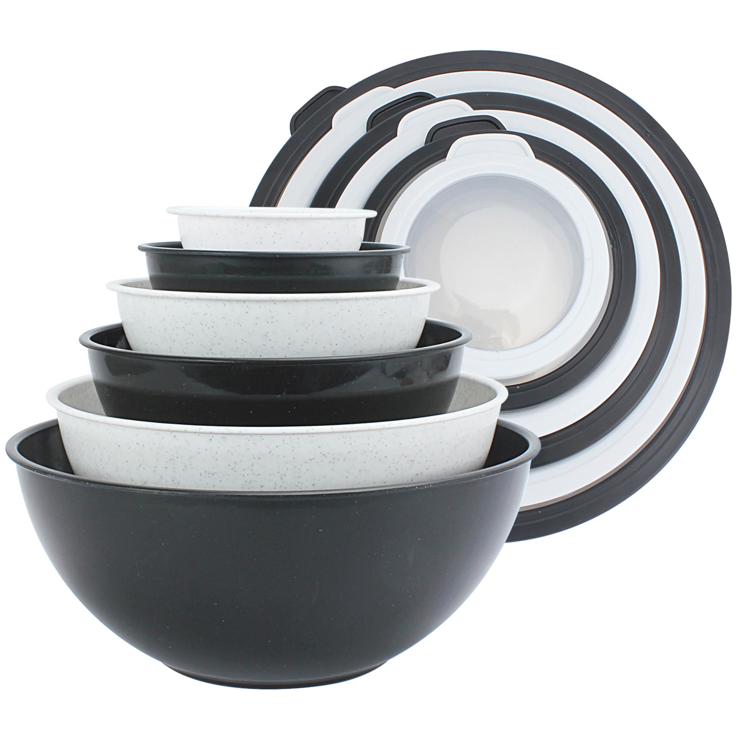 COOK WITH COLOR Mixing Bowls with TPR Lids - 12 Piece Plastic Nesting Bowls Set includes 6 Prep Bowls and 6 Lids, Microwave Safe Mixing Bowl Set (Black and White)