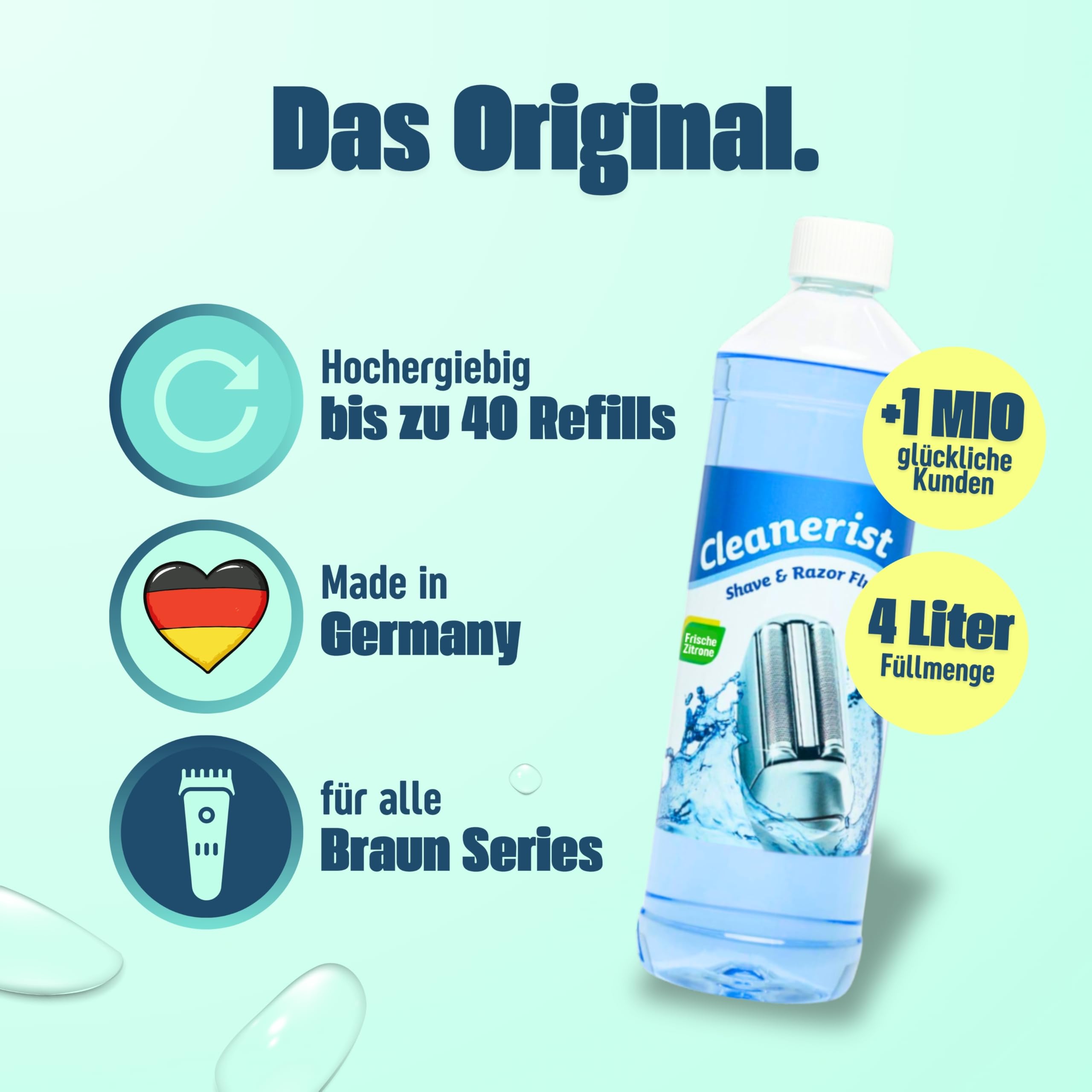 Cleanerist | 4x 1L Scherkopfreiniger Nachfüllflüssigkeit für Braun Clean & Renew (Series 3/5/7/8/9) – Ersatz zum Nachfüllen von 40 CCR Reinigungskartuschen – Rasierer Reinigungsflüssigkeit Zitrone