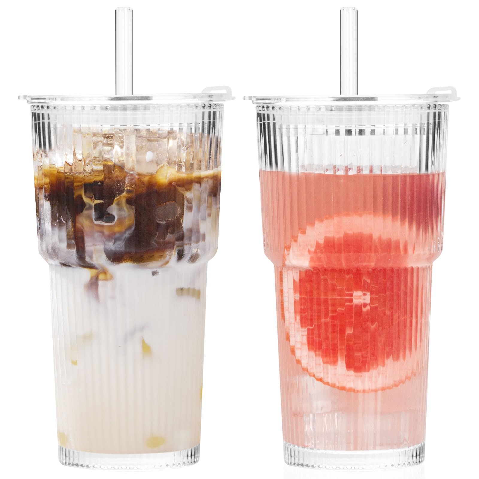 GOSCHE 20oz Glass Cups with Lids and Straws, Clear Iced Coffee Cups Vintage Drinking Set, Glass Tumbler with Straw and Lid for Latte, Water, Tea, Clear, 2 Pack