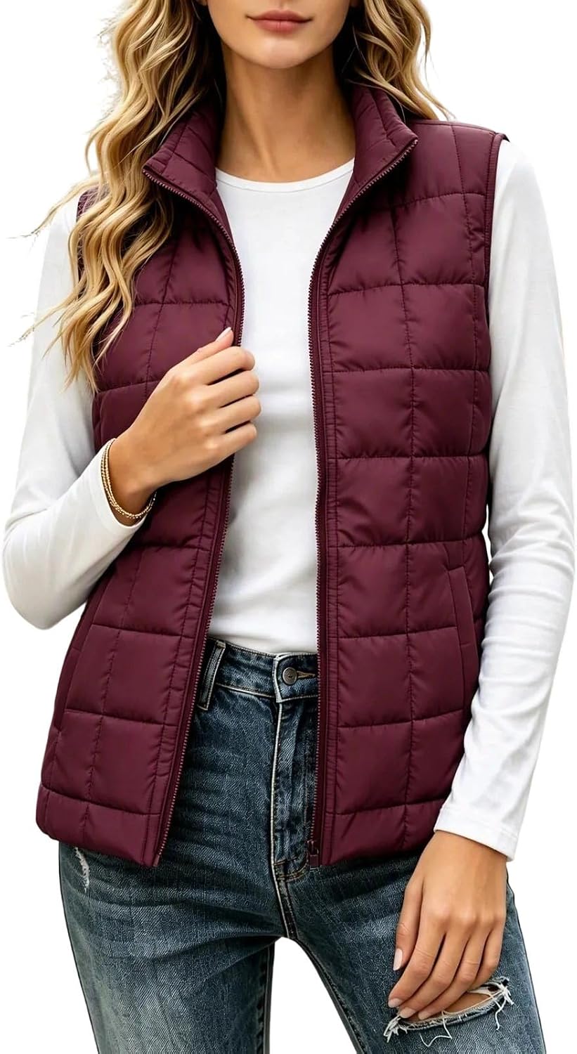 Women's Stand Collar Quilted Vest Zip Up Front Casual Padded Gilet