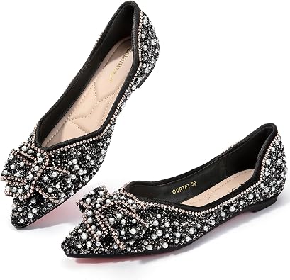 Womens Flats Shoes Rhinestone Pointed Toe Flats Comfort Low Wedge Dressy Flats Silver Bowknot Flats Light Weight Casual Ballet Shoes