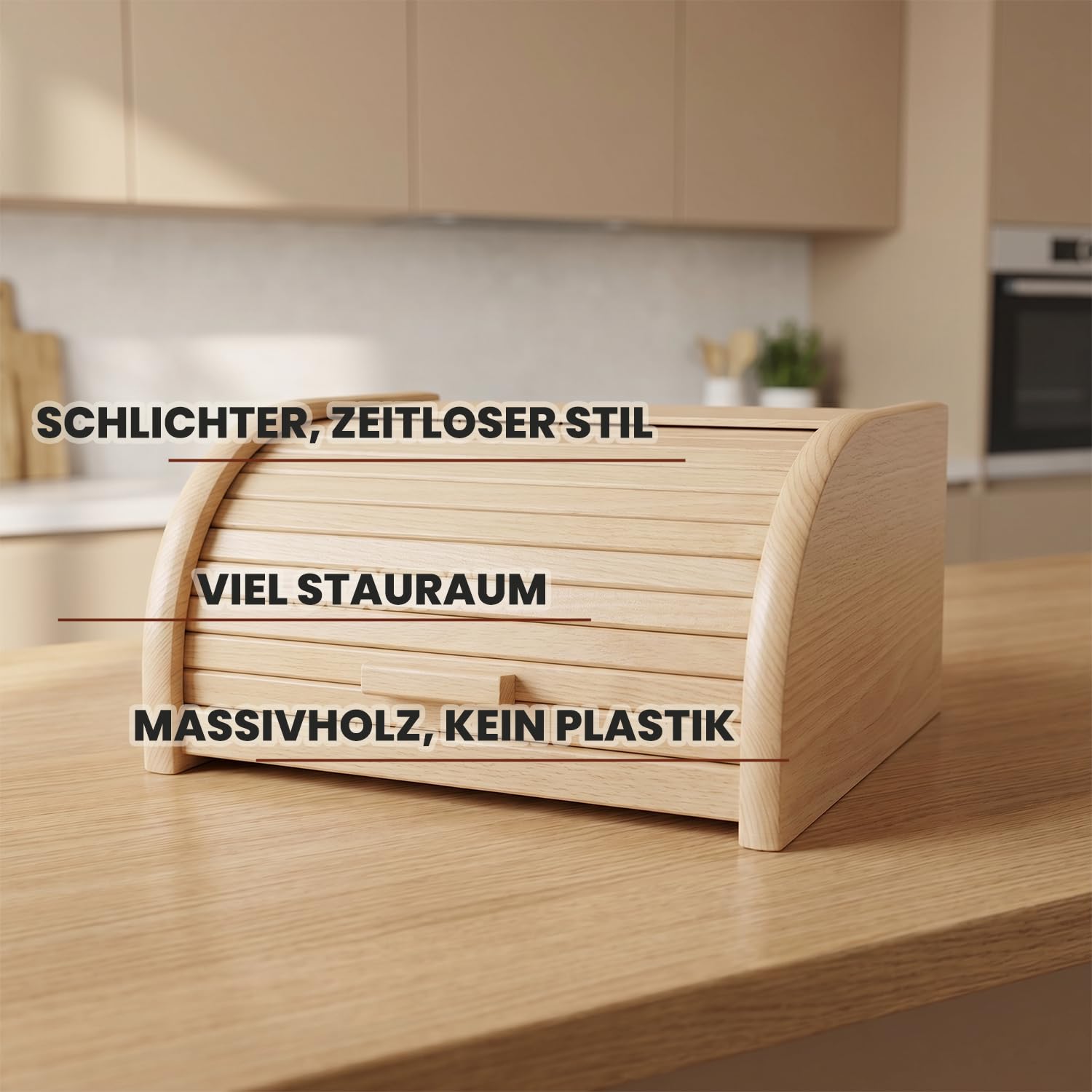 Brotkasten Holz XL mit großer Öffnung und Rolltop 39 x 29 x 17,5 cm | 39 x 29 x 17,5 cm, Naturbelassenes Buchenholz, Zeitloser Look, HDF Boden, Leichtgängiger Rolldeckel, Platzsparend