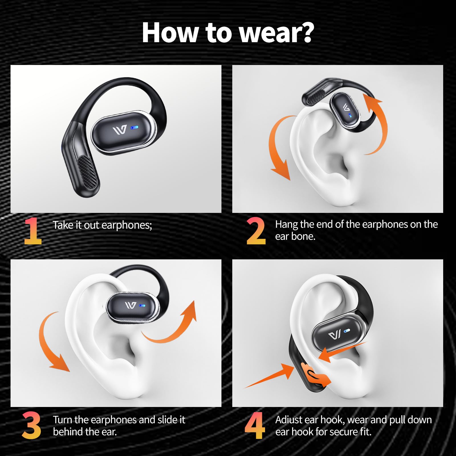 Weofly Outfits - Auricolari aperti, senza fili, Bluetooth 5.4, leggeri, con microfono, cancellazione del rumore, IPX7, impermeabili, per corsa, sport, esercizio (nero)