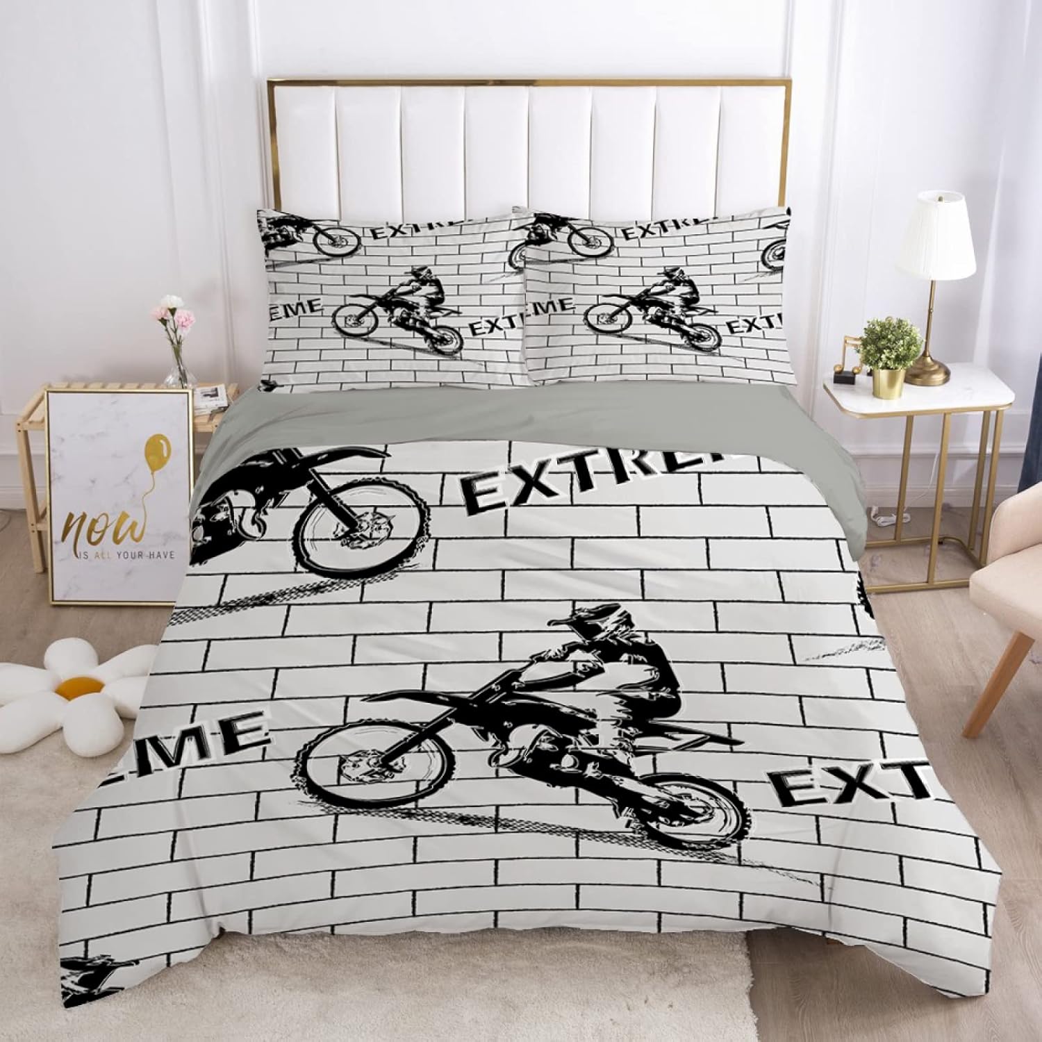 Fundas Nordicas Cama 105 Moto blanquecina Juego de Funda de Edredón Infantil Jóvenes con Cierre Cremallera, Microfibra Impreso Funda Nórdica 200x200cm y 2 Fundas de Almohada 50x75cm