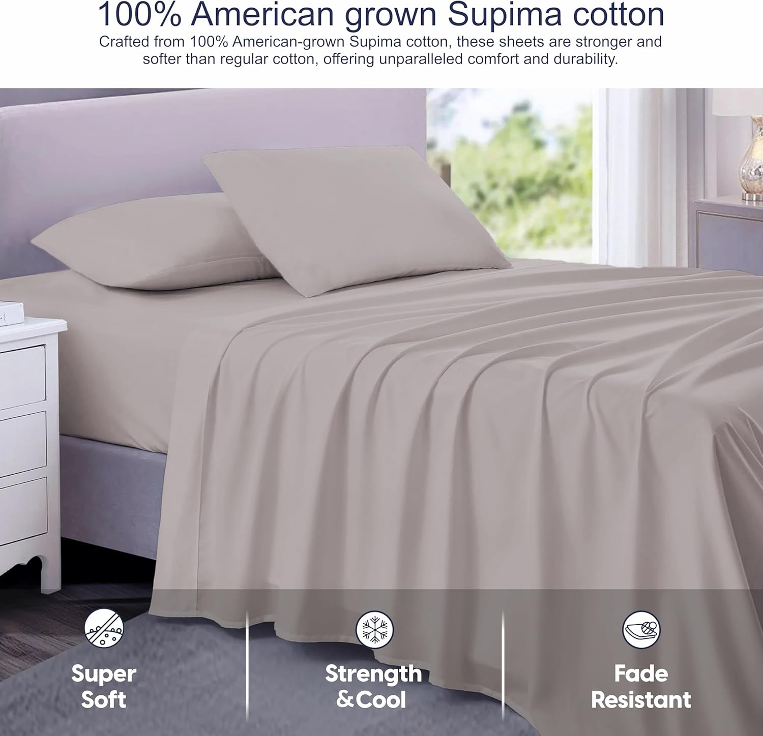 SGI 1200 Thread Count Supima Cotton King Sheet Set – Ultra Soft, Cooling & Deep Pocket 18” Fitted, Breathable & Durable 4-Piece Bedding Set for Luxury Hotel Quality Comfort -Light Gray - Image 3