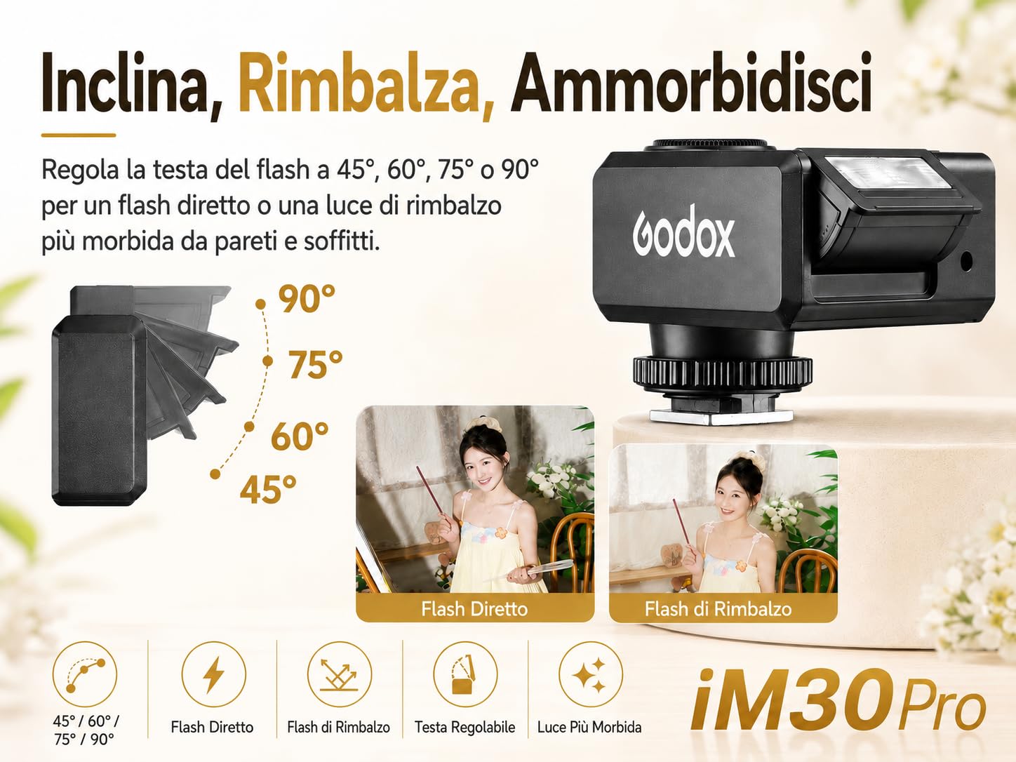 Godox iM30Pro iM30 Pro Mini Flash per Fotocamera, GN15 Flash Godox, AUTO e M, 550 Scatti, 1,5s, USB-C, Slitta a Contatto Singolo per Sony Canon Nikon Fujifilm Olympus Ricoh Leica Panasonic Pentax