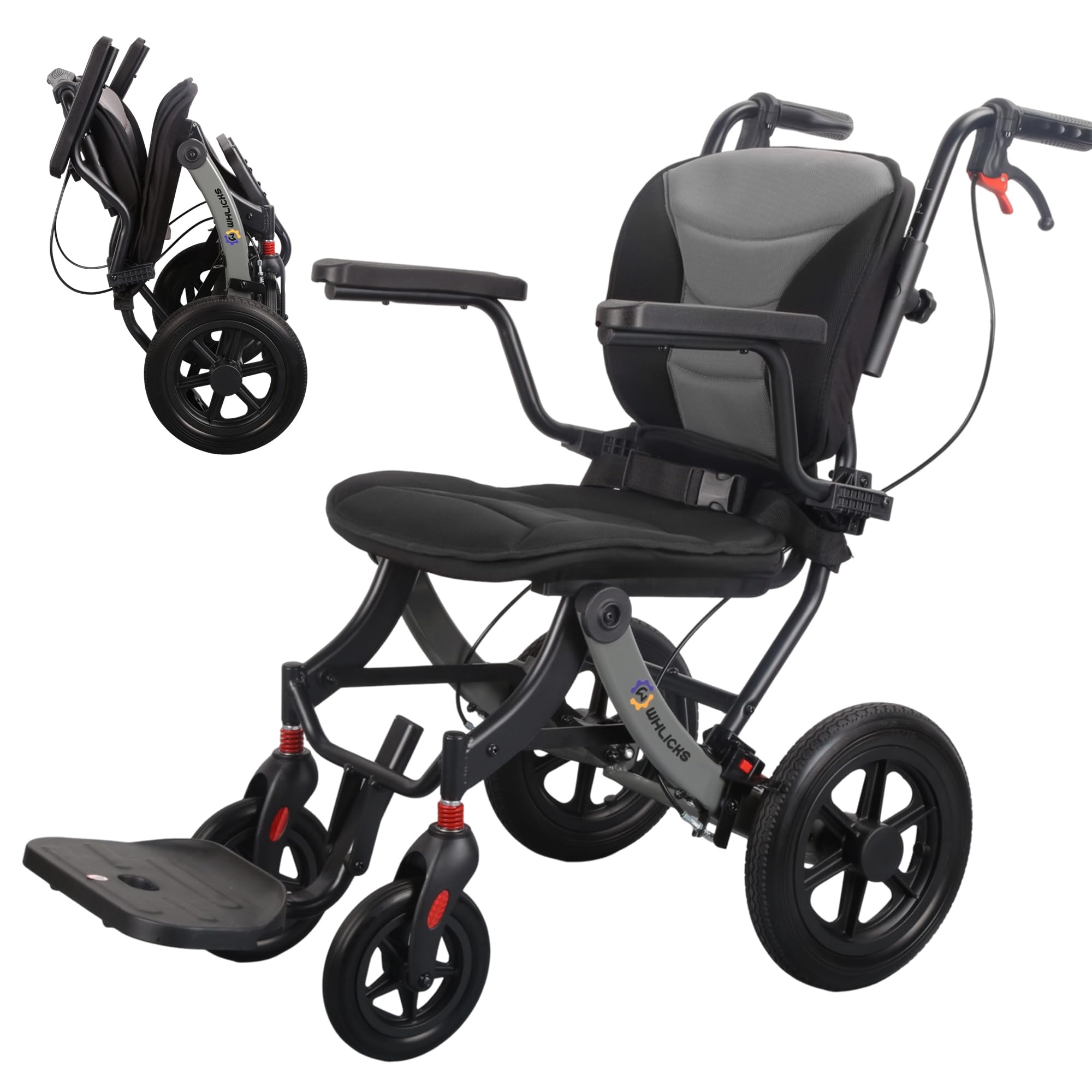 Rollstuhl Faltbar Leicht für Erwachsene und Senioren, Tragbarer Reisestuhl mit Abnehmbarem Polster und 12-Zoll-Rädern, Ergonomischer Rollstuhl, Höhenverstellbar, für Jedes Gelände Geeignet