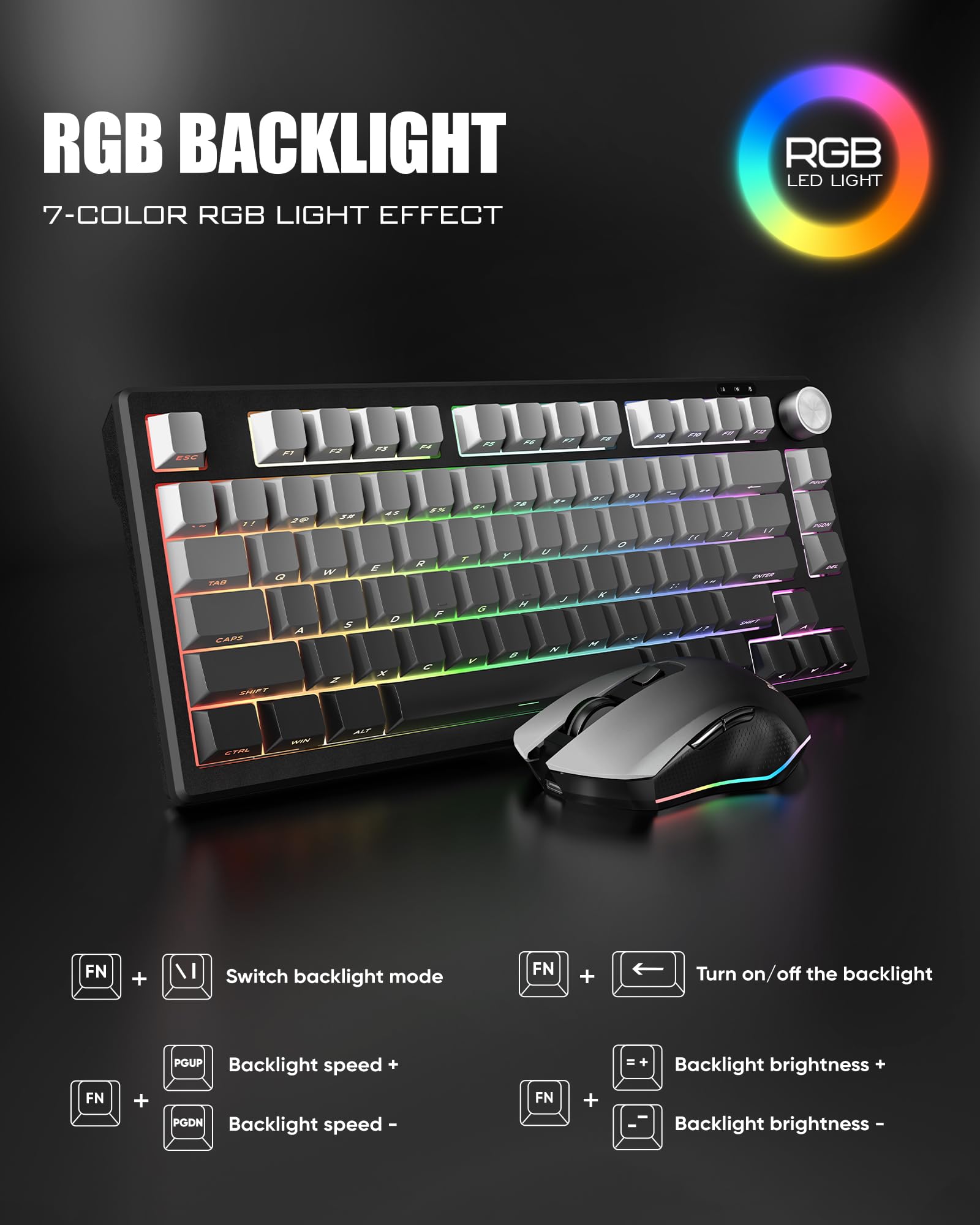 RedThunder K75 75% Wireless Membrane Keyboard and Mouse,3-Mode 2.4G/BT/USB-C,US Layout Side-Engraved,Volume Knob,TKL Ultra Compact Design,Optical Gaming Mouse with 4800DPI for PC Mac (Gradient Gray) — view 6