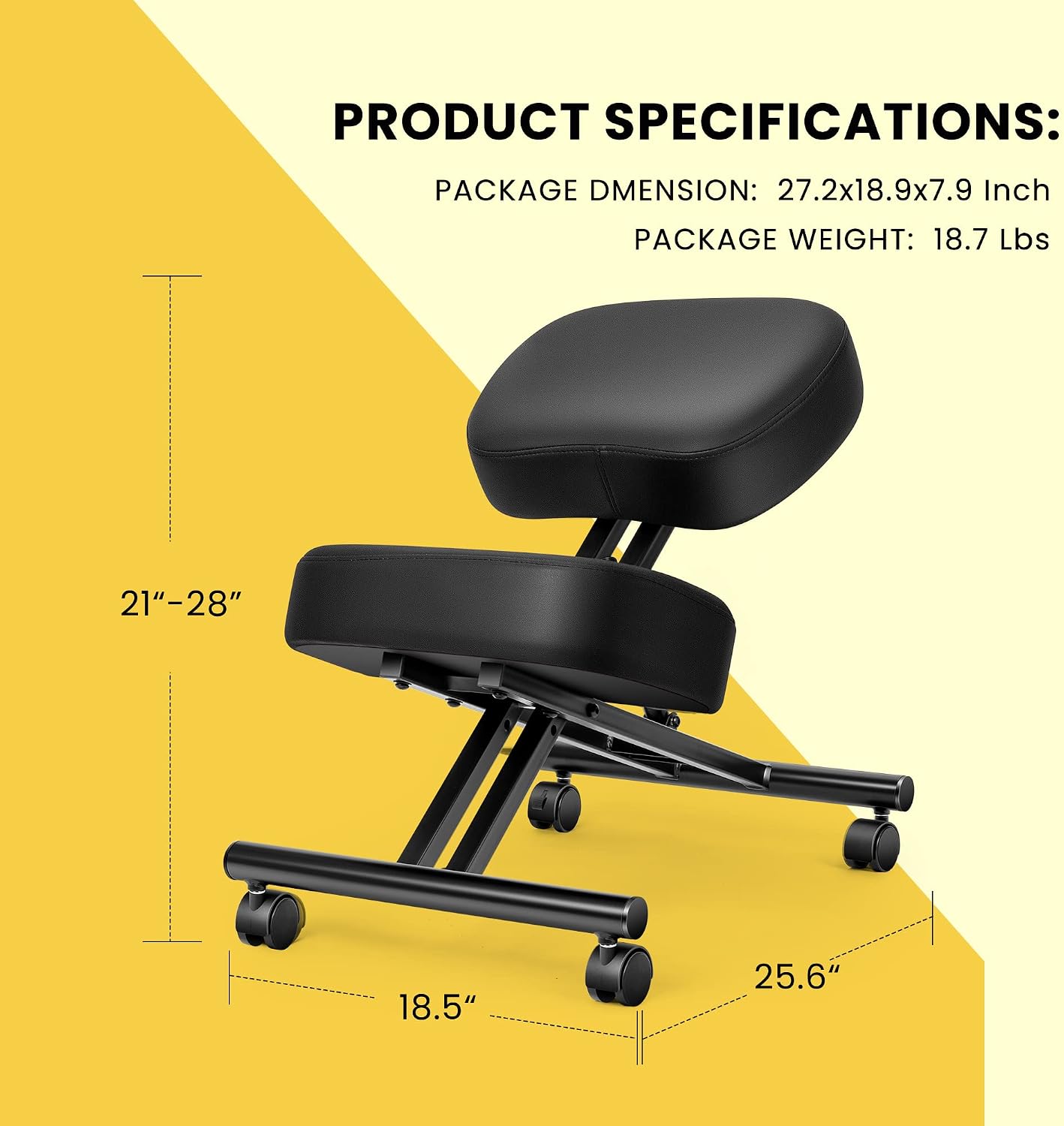 Ergonomic Kneeling Chair Adjustable Stool with Thick Foam Cushions and Smooth Gliding Casters for Home, Black