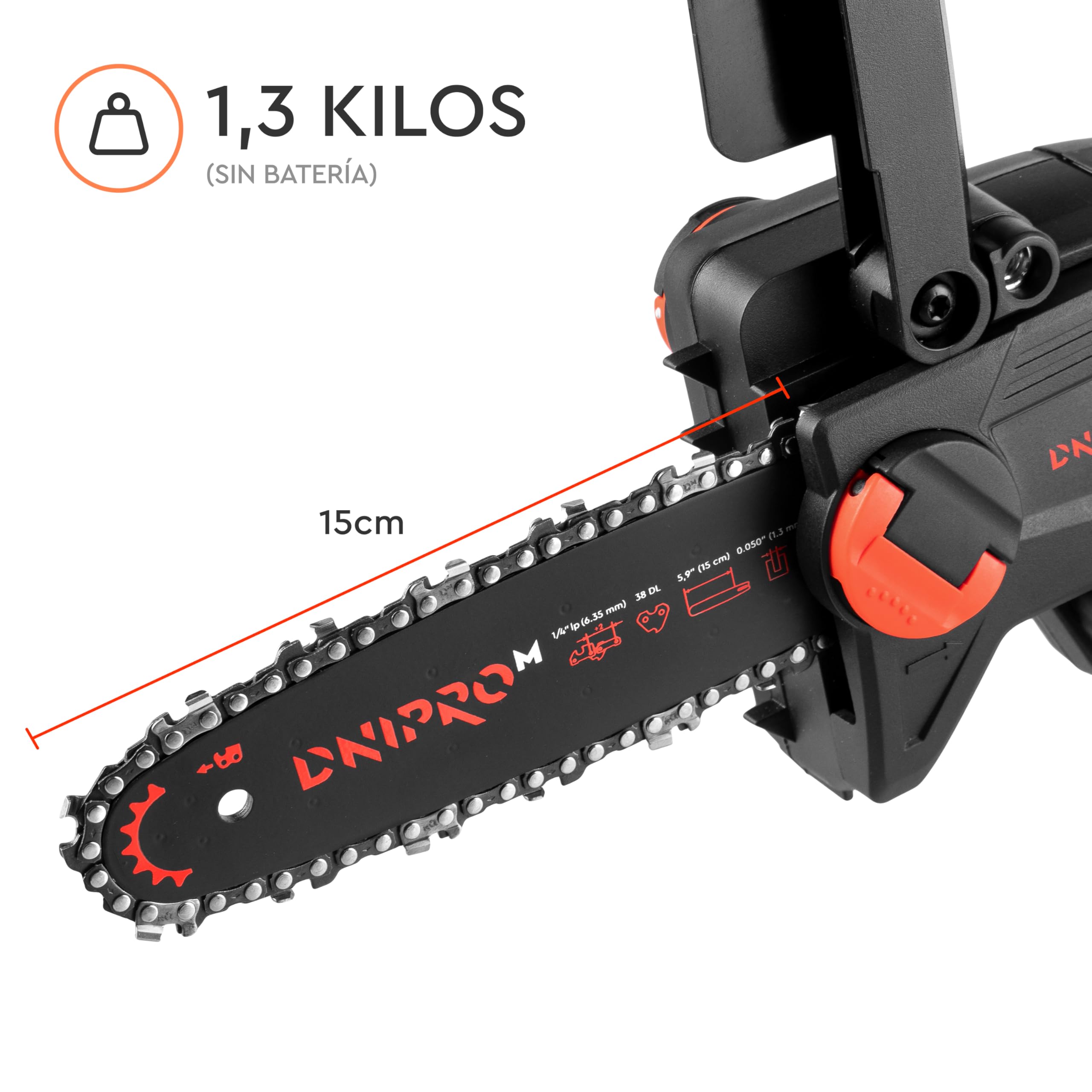Mini Motosierra Batería DMS-200BC - Motor Brushless 20V, 5.300 RPM - Motosierra Eléctrica Pequeña Compacta, Guía 15 cm, Cadena 7,9 m/s, Engrase Automático - con Bateria 4Ah y Cargador - Por Dnipro-M