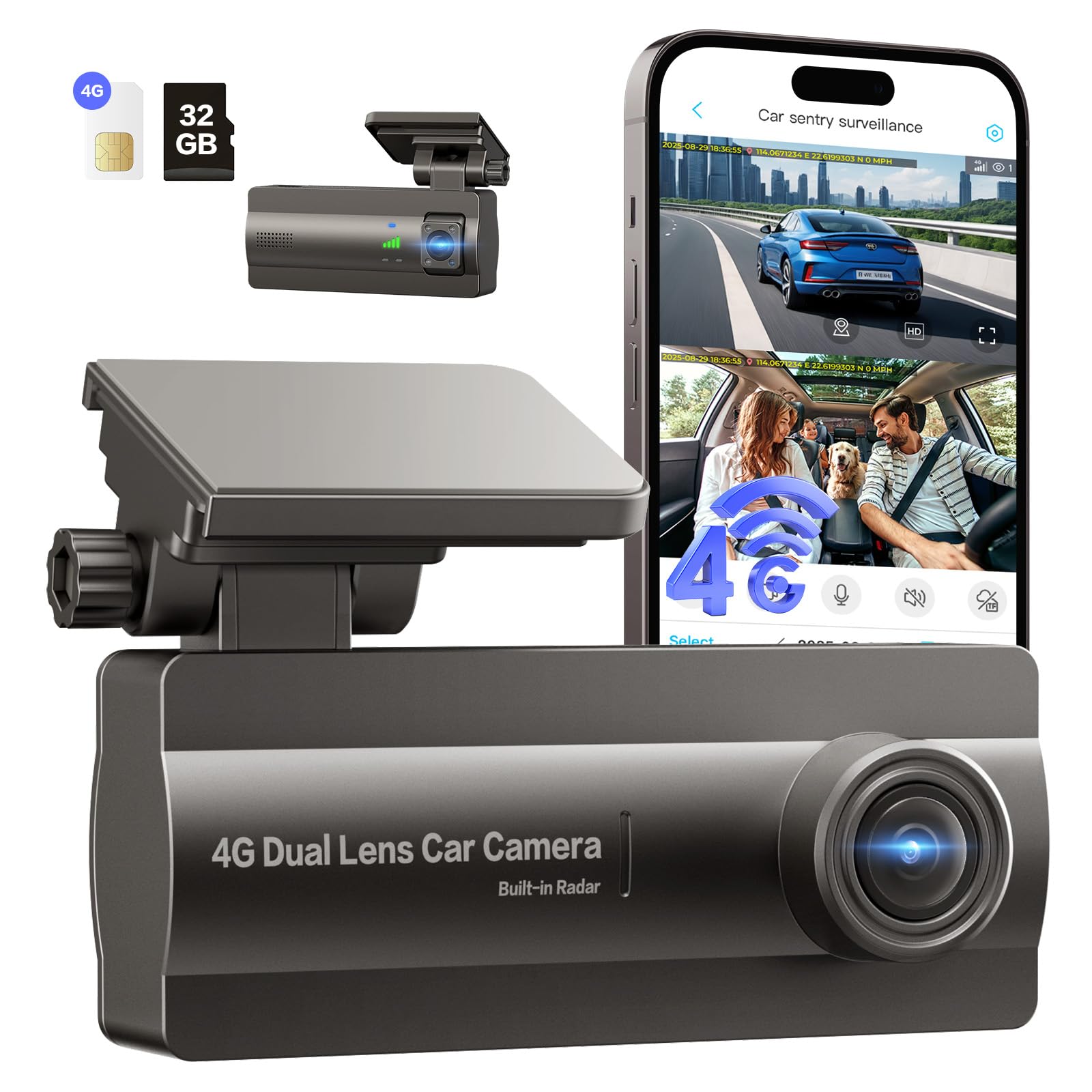 4G LTE Dash Cam Telecamera per Auto Anteriore e Posteriore 2K/1080P, con 24/7 Modalità Parcheggio, GPS, OBD, Sensore G, APP Alert, Visione Notturna, Audio Bidirezionale, Scheda SD 32GB Inclusa
