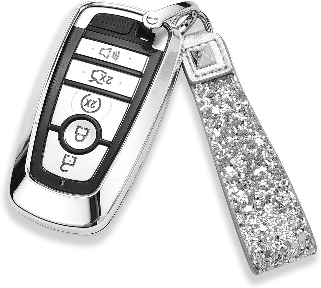 Royalfox(TM) 3 4 5 Buttons 3D Bling keyless Entry Remote Smart Key Fob case Cover for 2017 2018 2019 2020 2021 2022 Ford Mustang Explorer Edge Fusion F150 F250 F350 F450 F550 (Silver)