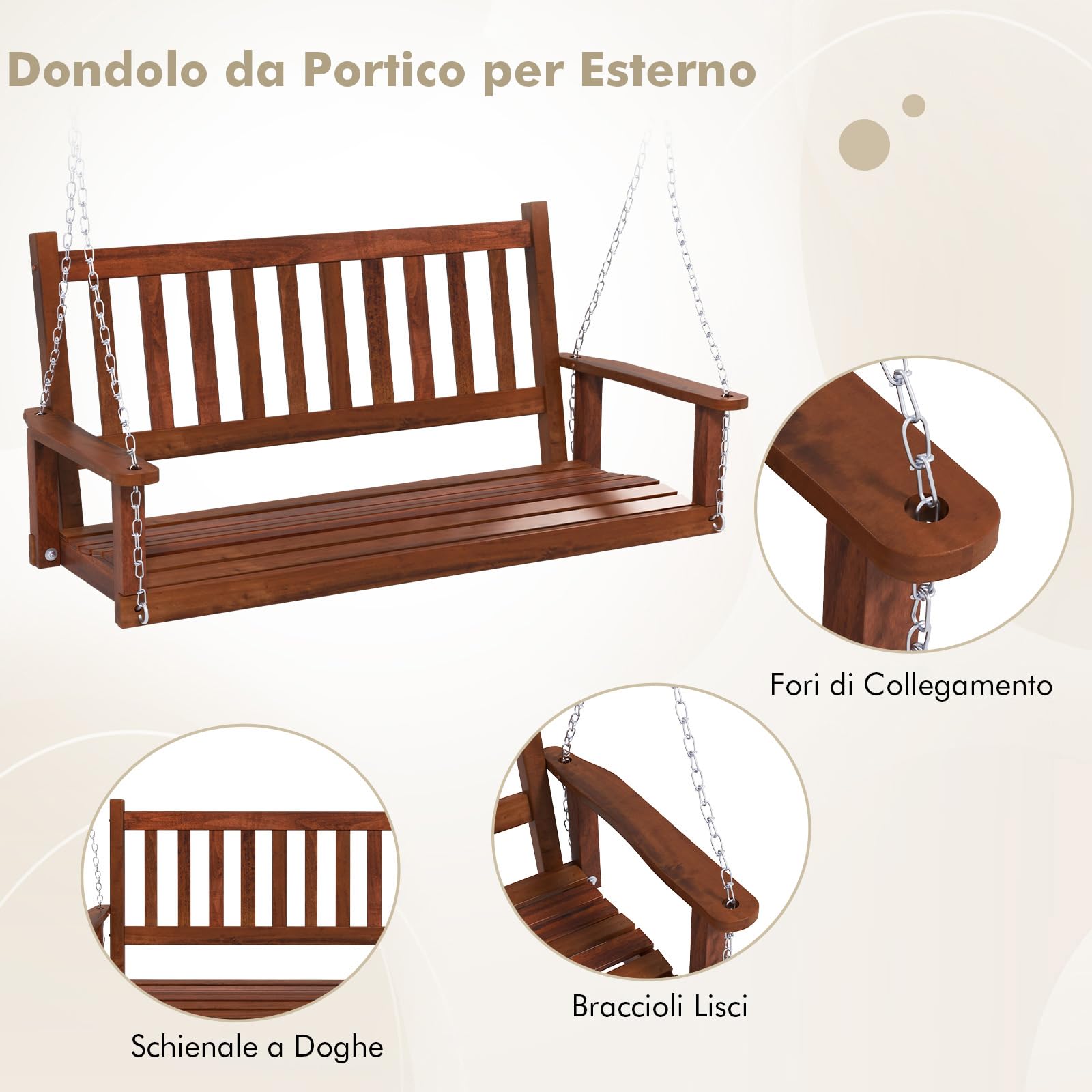 COSTWAY Altalena da Giardino in Legno per 2 Persone, Panchina Sospese in Legno con Capacità di Peso di 230 kg, Sedia a Dondolo per Giardino, Cortile (Marrone, 136 x 67 x 63 cm)