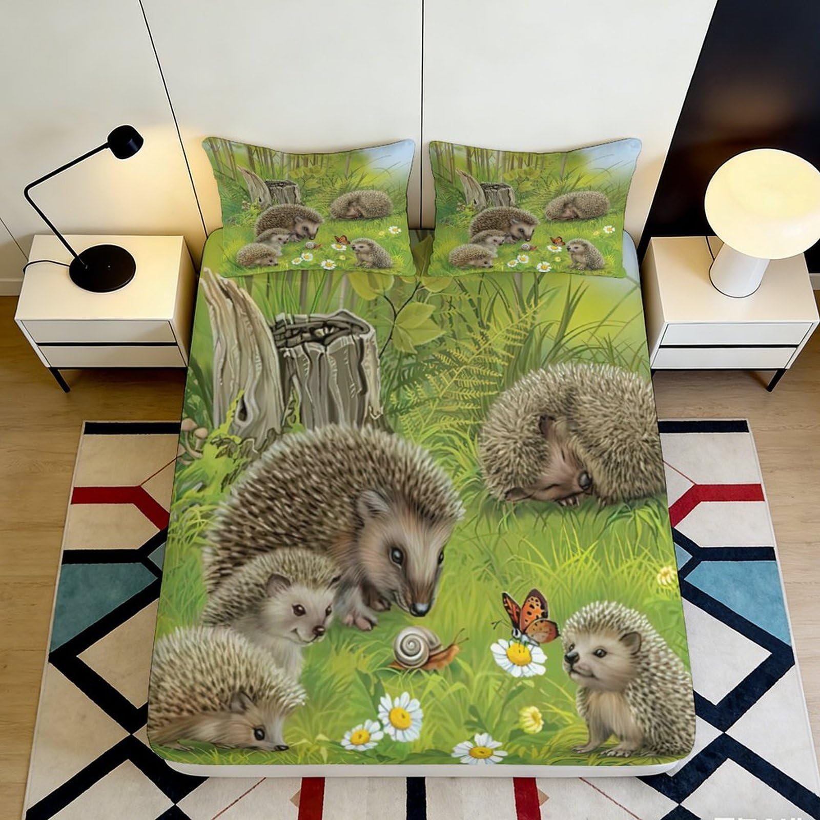 3D Printed Hedgehog Forest Fitted Sheet Microfiber Deep Pocket Bedroom Bedding Anti-Slip Hedgehog Mattress Fitted Cover Washable 140x200x25cm