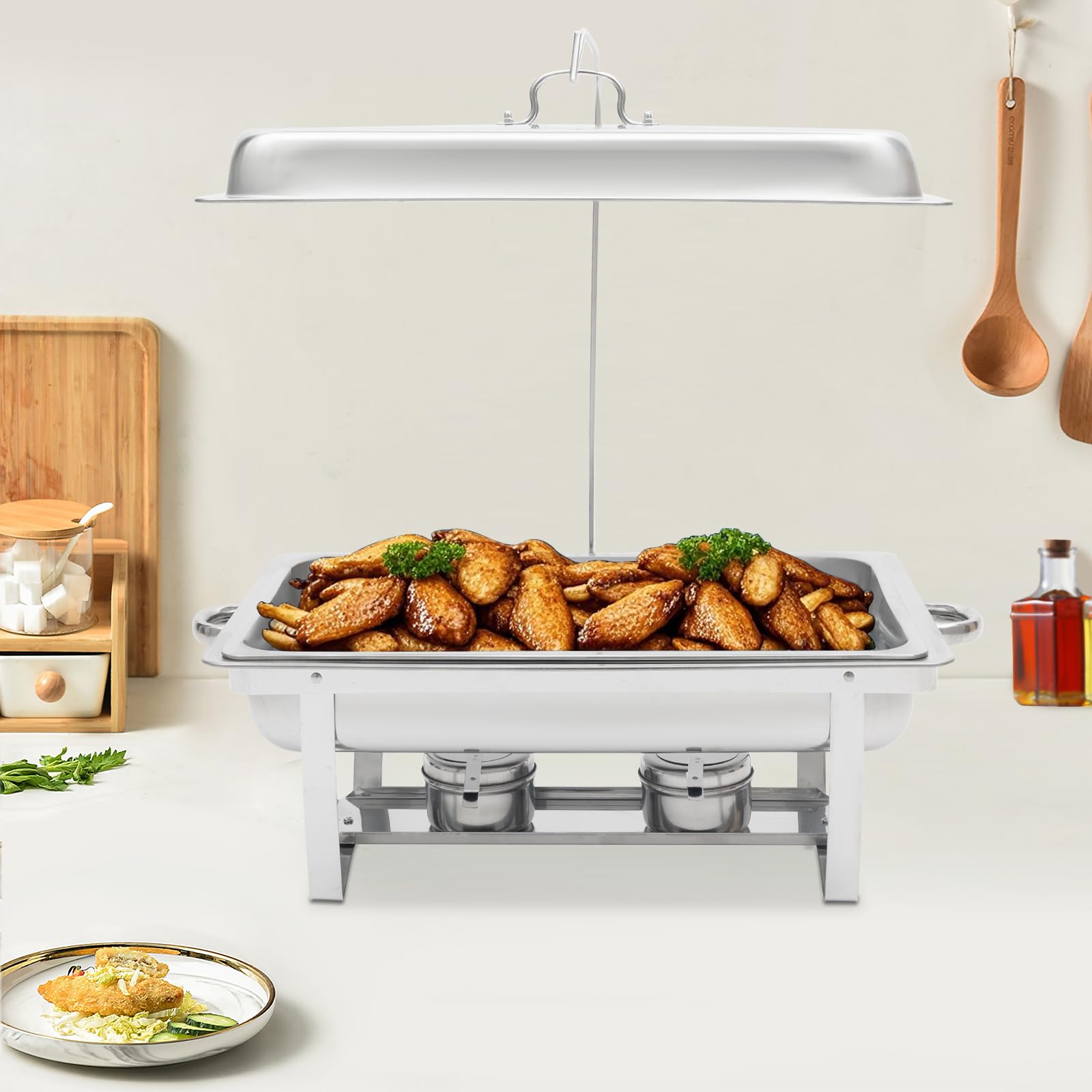 Serbatoio per cibo, scalda 7 l, rettangolare, per catering, con coperchio rimovibile e ferri da appendere, scaldavivande Chafing Dish per alimenti, scalda buffet, argento