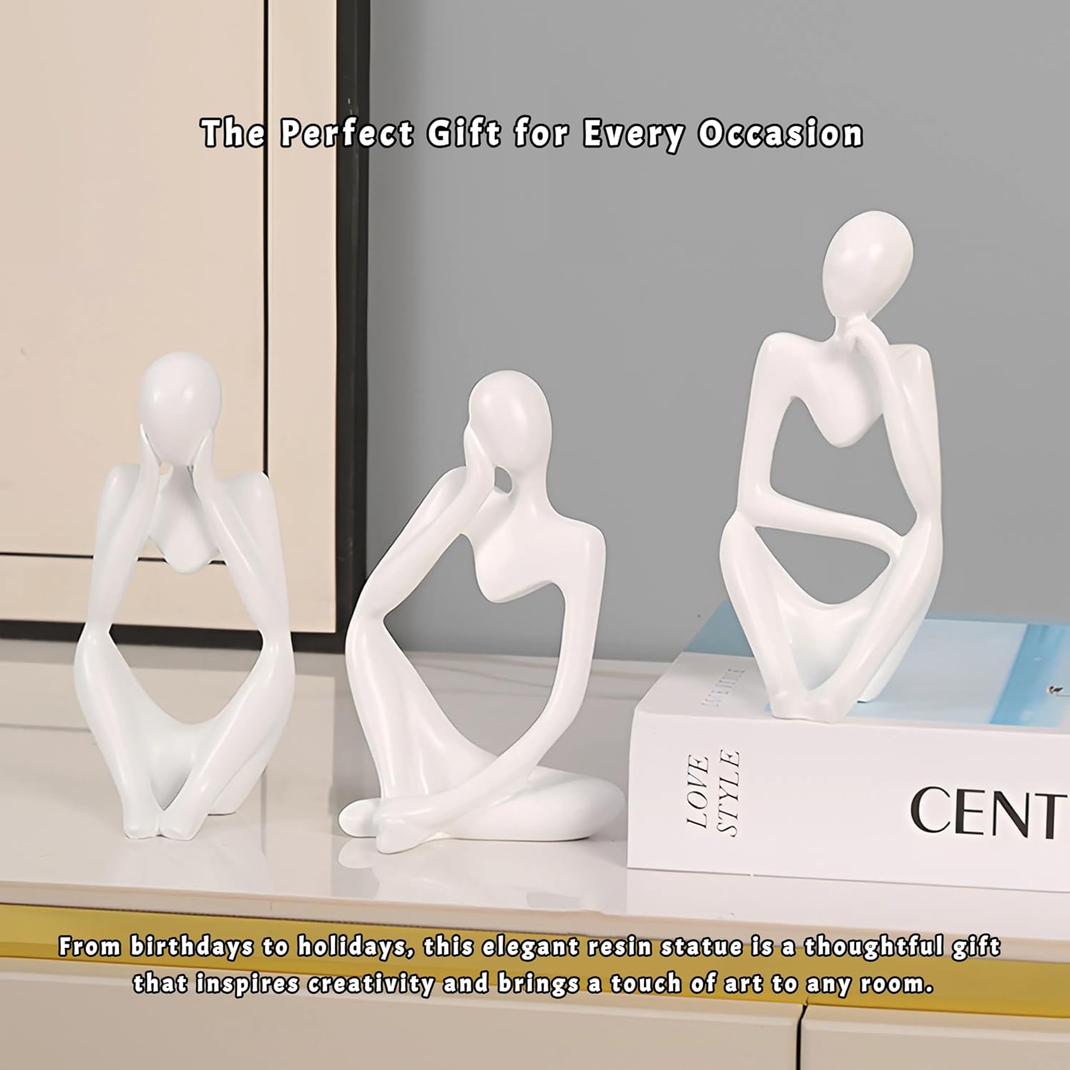 Thinker Statue Decor, Abstract Resin Sculpture – Modern Art Figurine for Home, Office, Bookshelf, Desk Decoration | Meaningful Housewarming, Birthday, Graduation Gift (White)