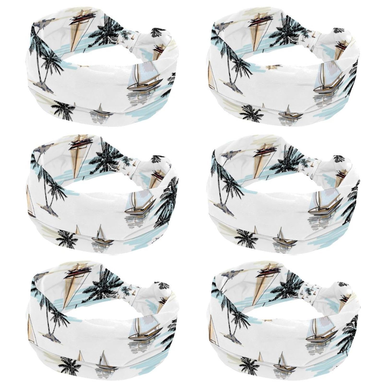Lot de 6 bandeaux élastiques pour femme pour yoga, entraînement, exercice, cheveux pour femmes, cocotiers, voiliers, été, plage