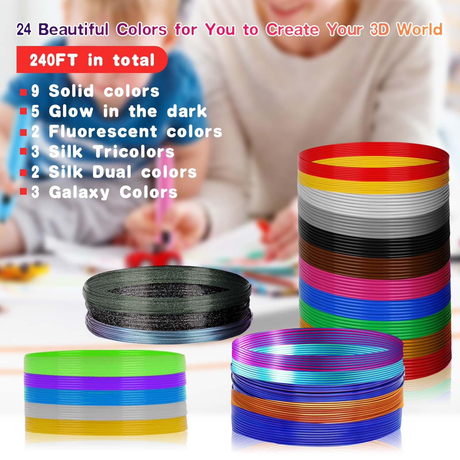 YOUSU Filamento 3D Penna 24 Colori, Filamenti Penna 3D, Ricariche Penna 3D, 3 metri per ogni colore, Total 236.22 Feet, filamento PLA per penna 3D 3d pen, Fili PLA per Penna 3D