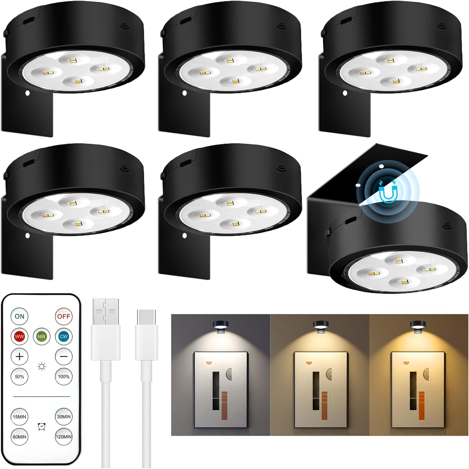 maylit 6 Pack Rechargeable Picture Lights, Battery Operated Sconces for Wall, Art Lighting for Paintings Wireless, Cordless Lights for Gallery Painting Picture Frame Photo Wall Poster Room Decor