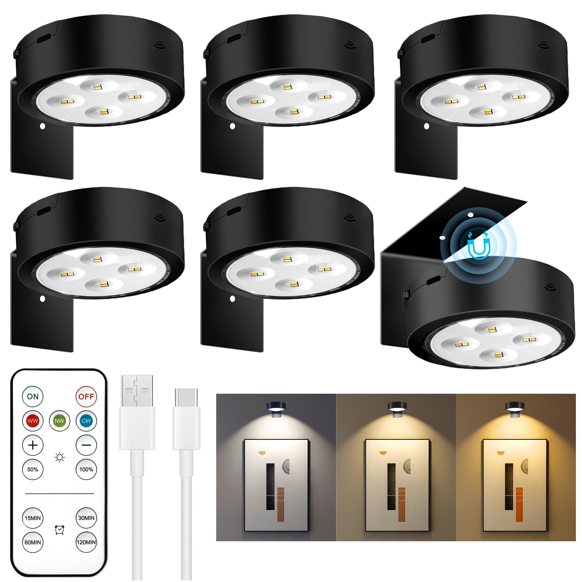 maylit 6 Pack Rechargeable Picture Lights, Battery Operated Sconces for Wall, Art Lighting for Paintings Wireless, Cordless Lights for Gallery