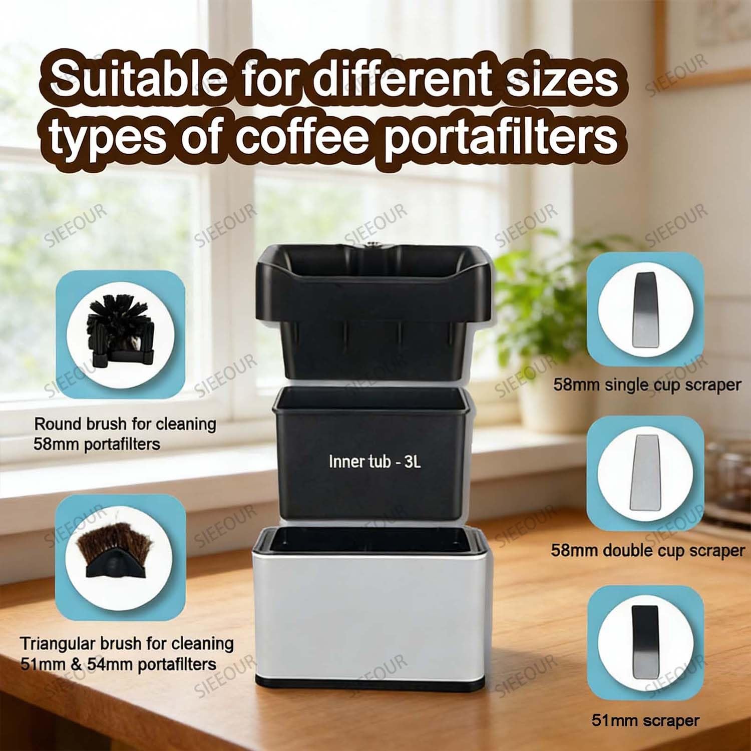 Máquina limpiadora de portafiltros de café eléctrica, dispositivo automático de limpieza de suelo con cepillos duales, 340 RPM, se adapta a 58 mm y 51 mm, ideal para uso comercial y doméstico