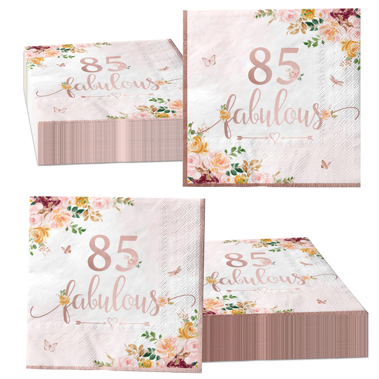 40Pieces 85th Falulous Paper Napkin - Rose Gold Party Supplies Disposable Rose Gold Floral Theme Napkins for Women 85th Birthday,Anniversary Wedding