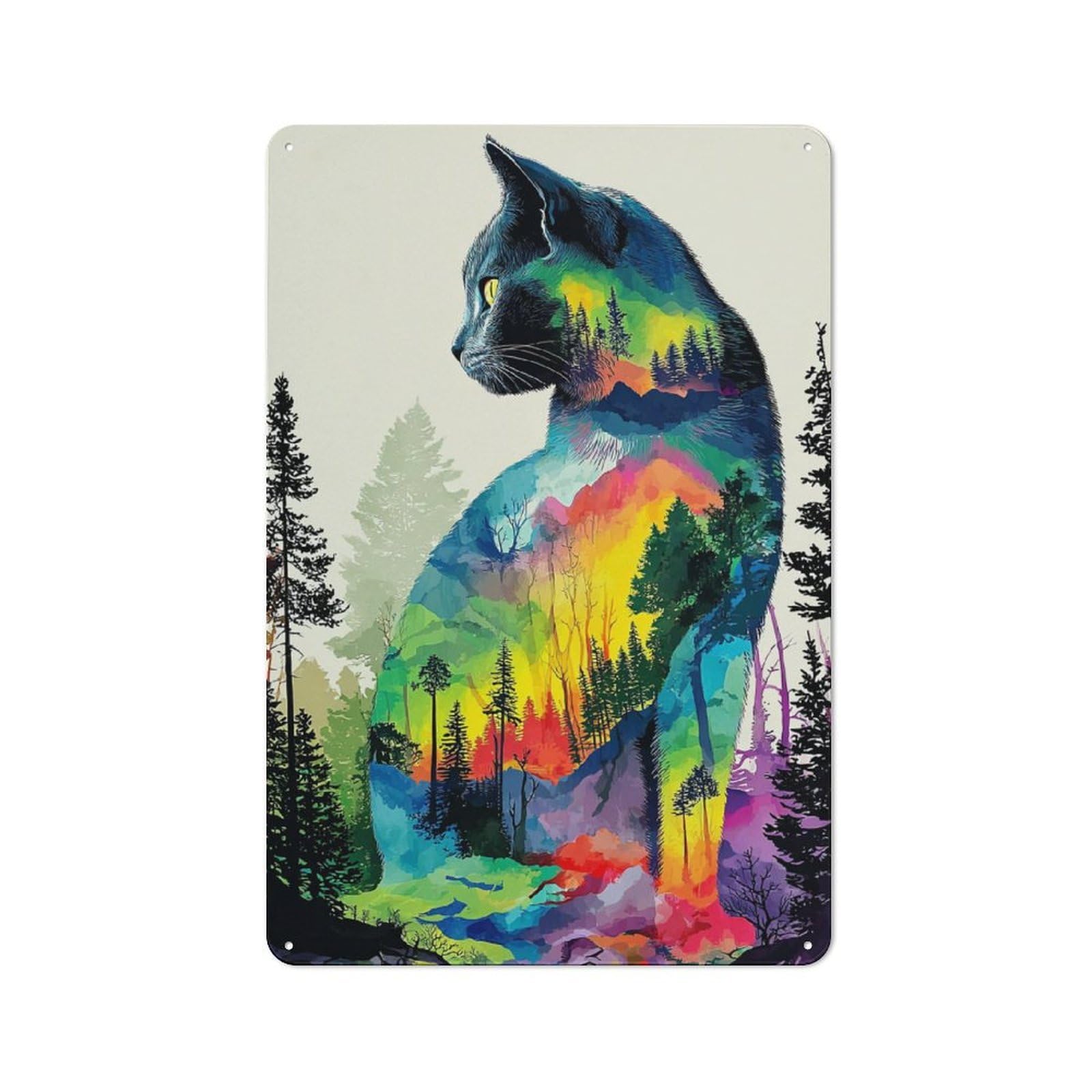 Junmoney Rainbow Cat Forest Artwork Metal Wall Sign With Design 30X20cm, Loft Style Studio Wall Art For Flat, Bar, Studio Or Gallery Wall