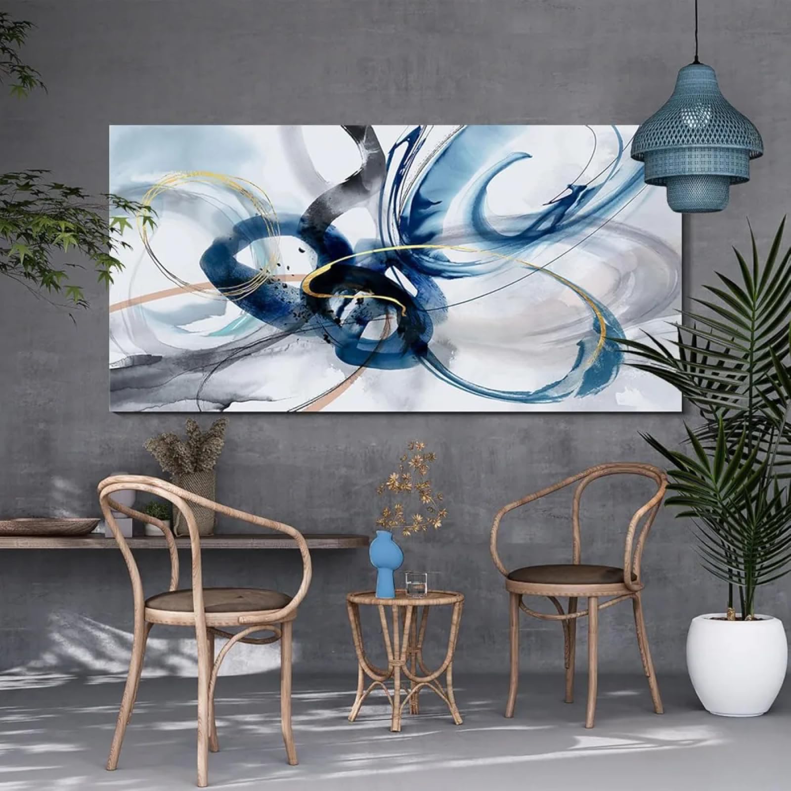 Lzjagxx Frameless Modern Large Abstract Wall Art Blue Line Design Poster And Prints Blue And White Canvas Picture Artwork Canvas Wall Art 50X100cm