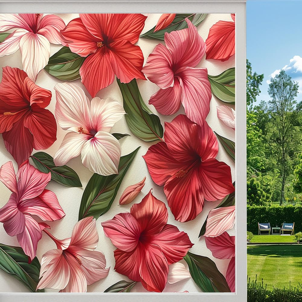 Rustic Hibiscus Flower Privacy Window Film, Nature Floral Blossom Frosted Self-Adhesive Vinyl Cling for Glass Doors Bathroom Windows Sun Blocking Heat Control, （60x90cm）