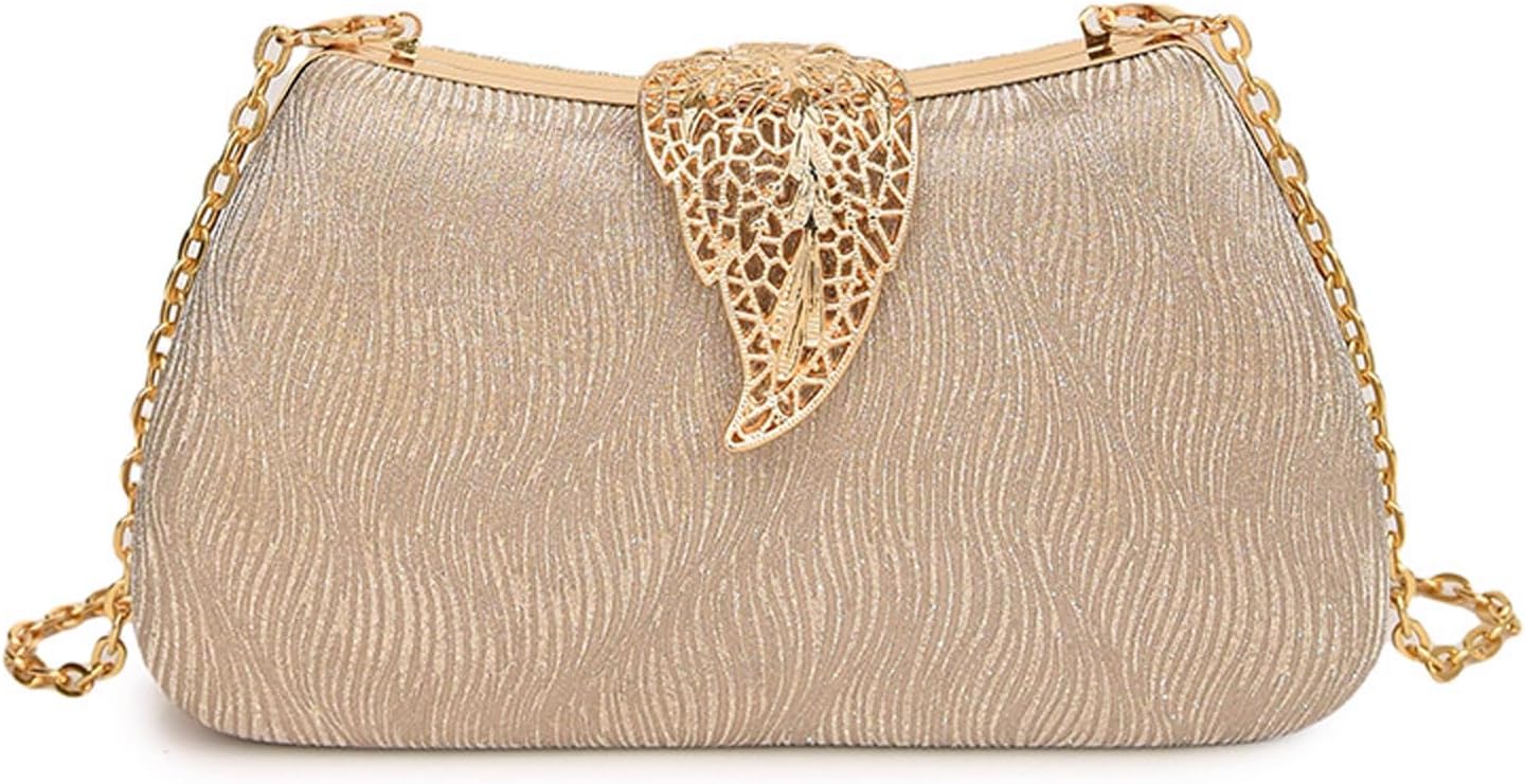 Elegant Evening Bag For Wedding, Sparkly Formal Purse, Glitter Prom Cocktail Party Clutch With Gold Metallic Leaf Clasp Elegant Evening Bag For Wedding, Sparkly Formal Purse, Glitter Prom Cocktail Party Clutch With Gold Metallic Leaf Clasp