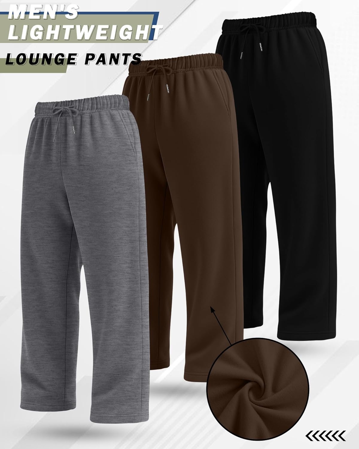 3 Pack Men's Lightweight Lounge Pants Straight Leg Open Bottom Thin Baggy Drawstring Sweatpant with 3 Pockets - Image 3