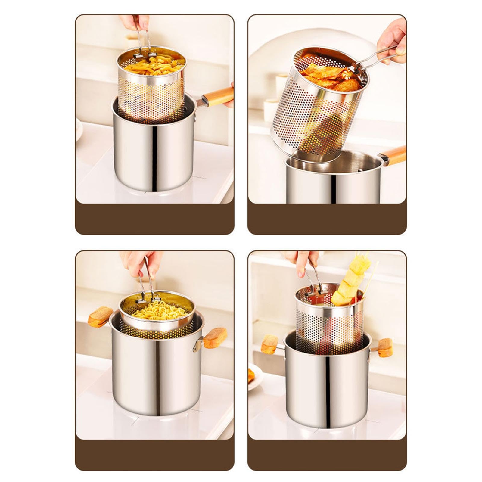 Pentola a induzione di calore, pentola con cestello e coperchio, filtro 'olio in acciaio inossidabile, contenitore versatile per filtro 'olio a bocca larga, per casa, campeggio, patatine