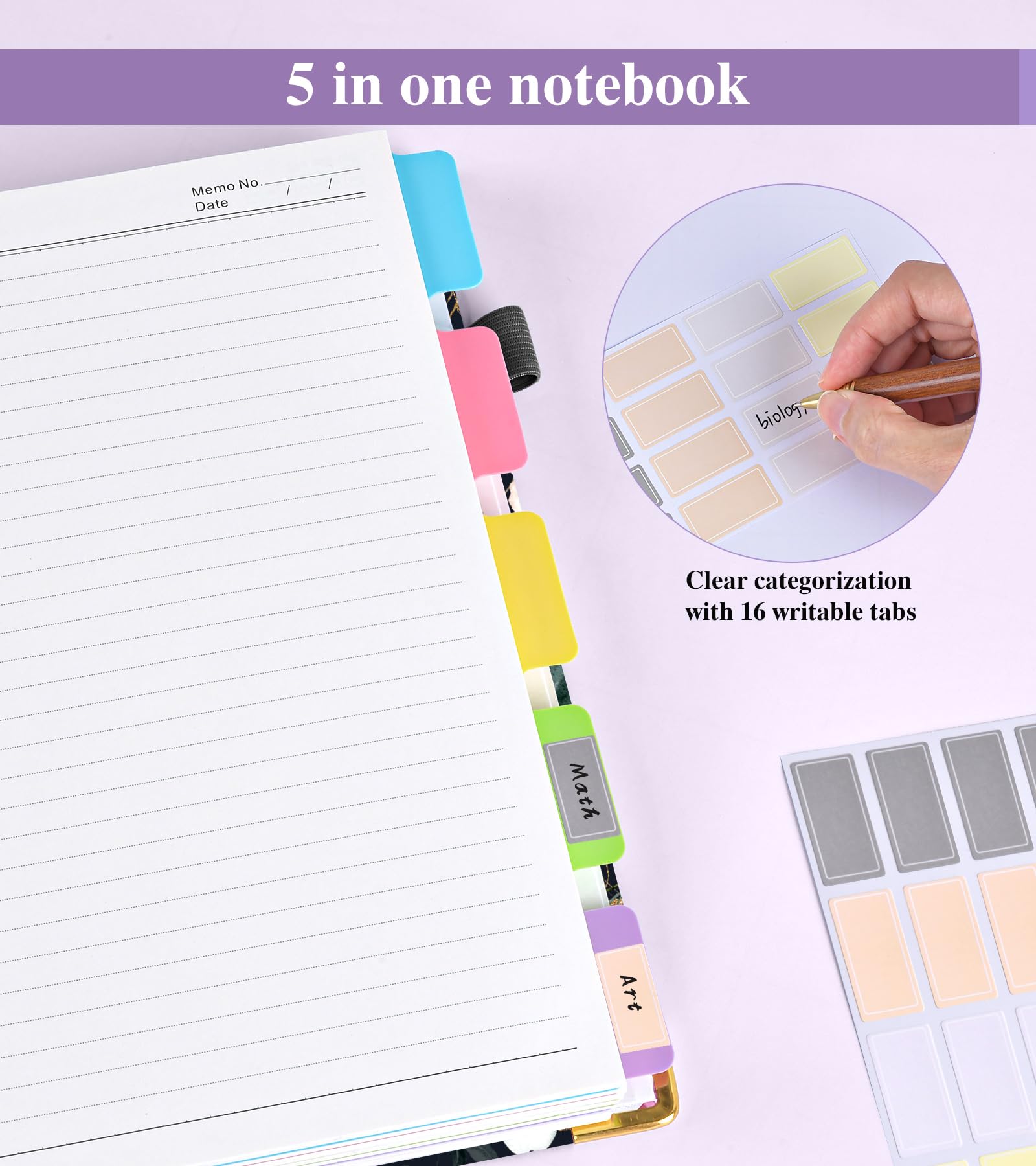 Hardcover Spiral Notebooks for Work，300 Pages 5 Subject Notebook College Ruled with Dividers Tabs，8"x10" Aesthetic Lined Spiral Journal for Women，100GSM Large Cute Notebook for school,GreenEucalyptus