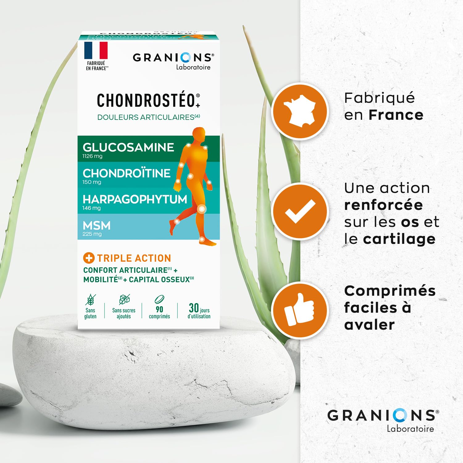 GRANIONS CHONDROSTEO ARTICULATIONS - Glucosamine Chondroïtine, MSM, Harpagophytum - Calcium -Triple Action: Souplesse, Flexibilité, Mobilité -Lot de 3x90 Comprimés