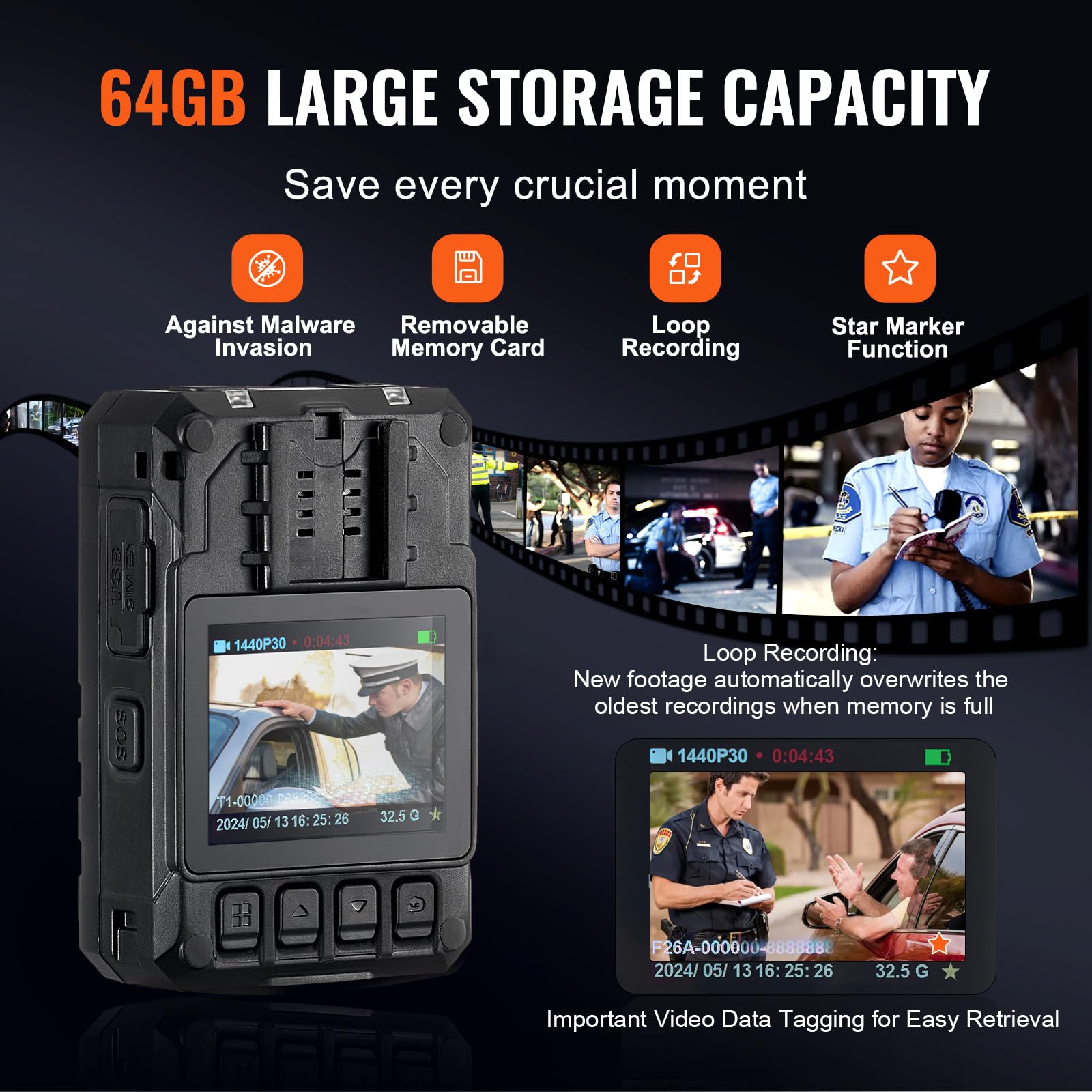 VEVOR Telecamera per Corpo della Polizia HD 1440P, 64 GB Audio Video, Batteria Integrata da 3500 mAh, LCD 5 cm, Visione Notturna Infrarossi, Telecamera Corpo Personale Impermeabile Forze dell'Ordine
